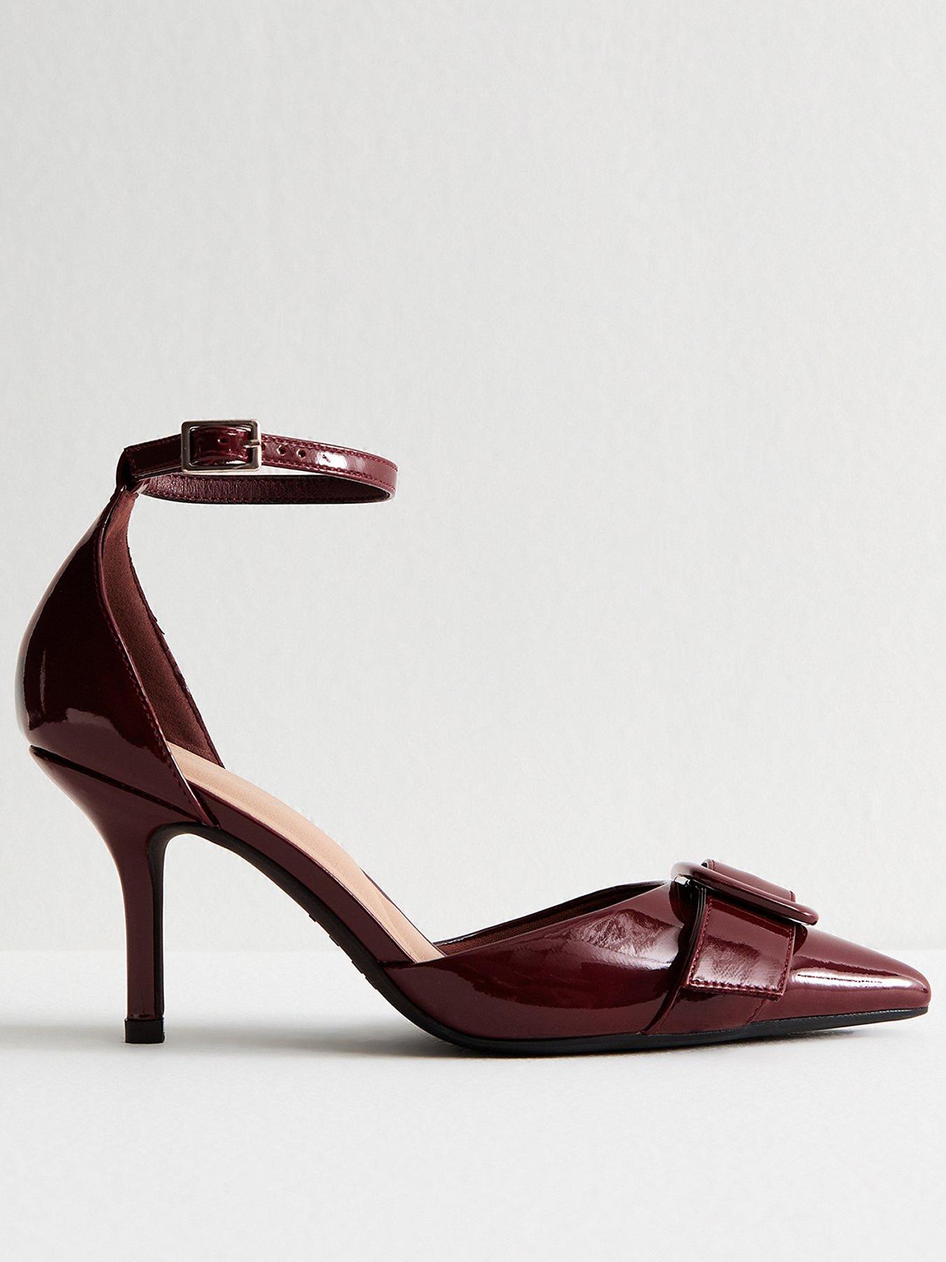 New Look Dark Burgundy Faux Patent Leather Buckle Strap Open Court