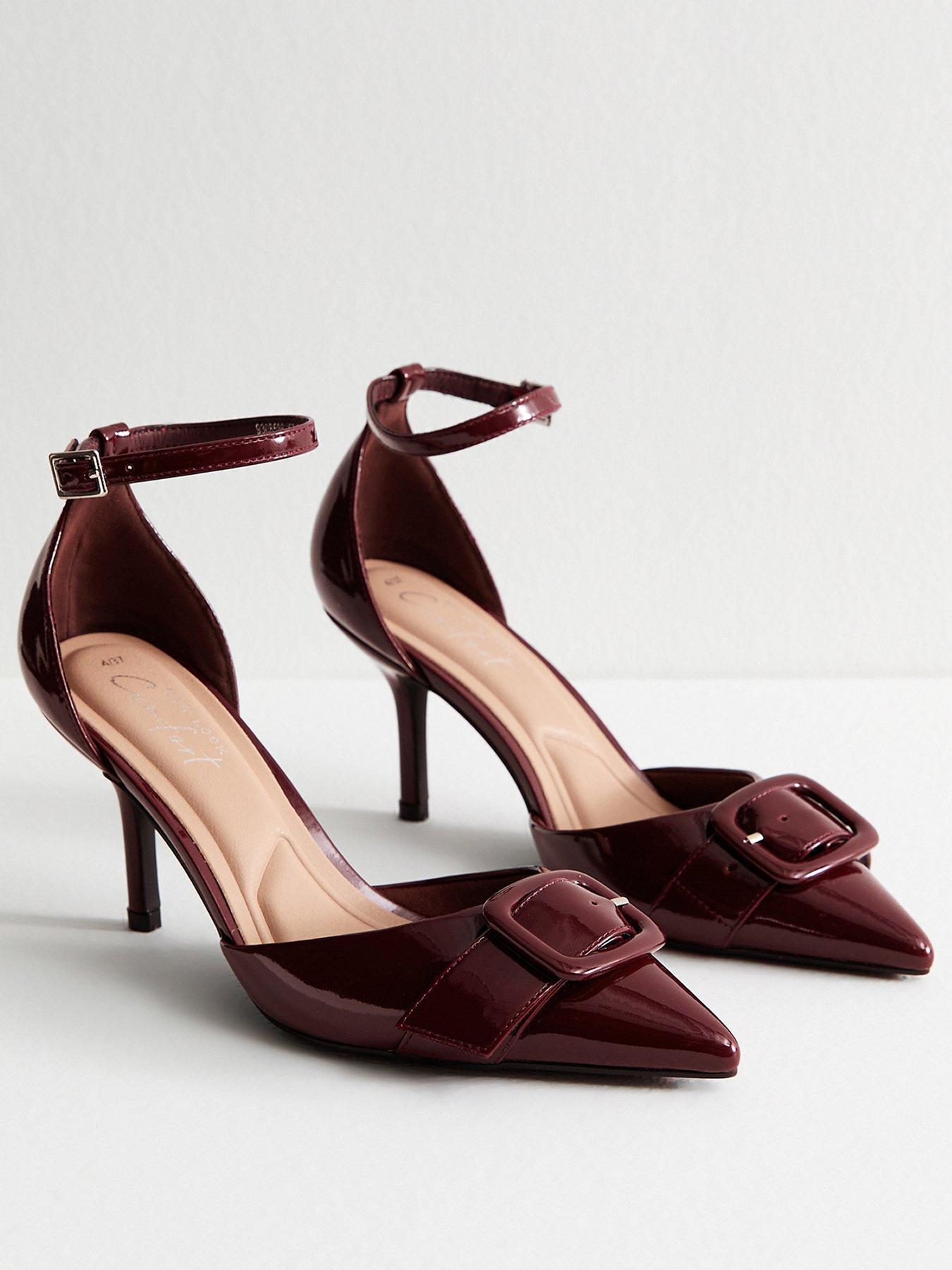 New Look Dark Burgundy Faux Patent Leather Buckle Strap Open Court
