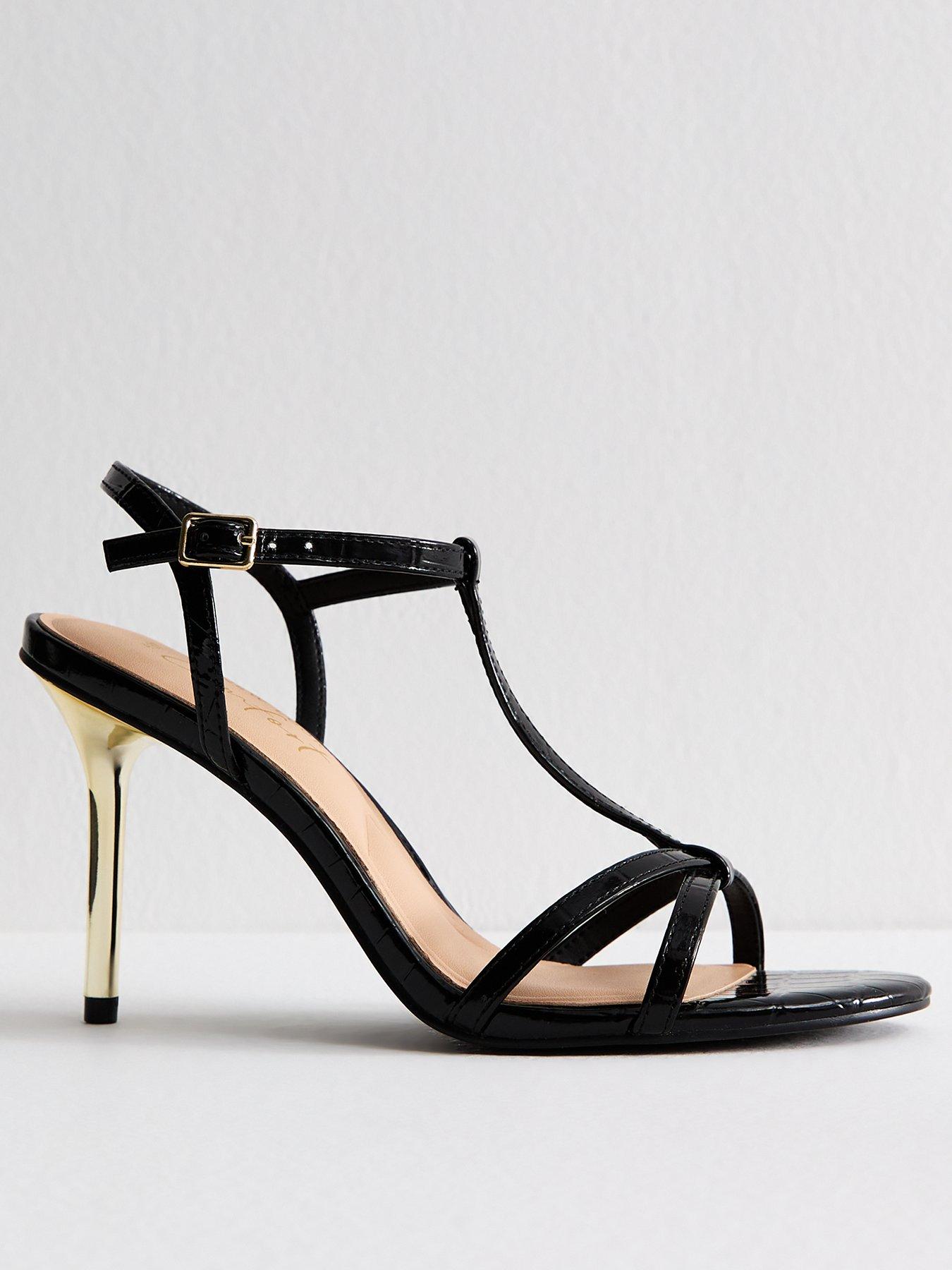 New Look Black Faux Leather T-bar Metallic Heel Stiletto Sandals
