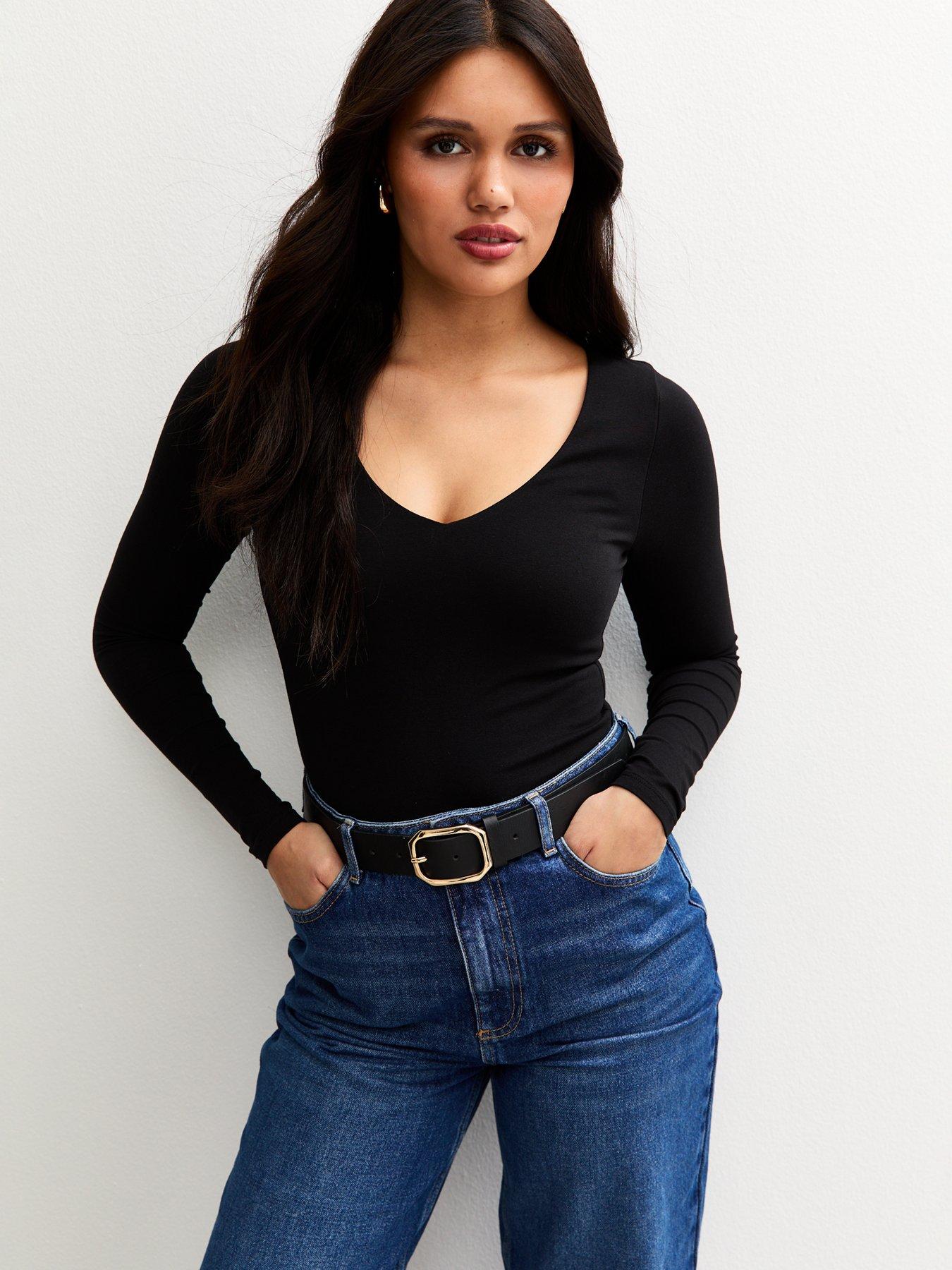 undefined V-neck Long Sleeve Bodysuit - Black
