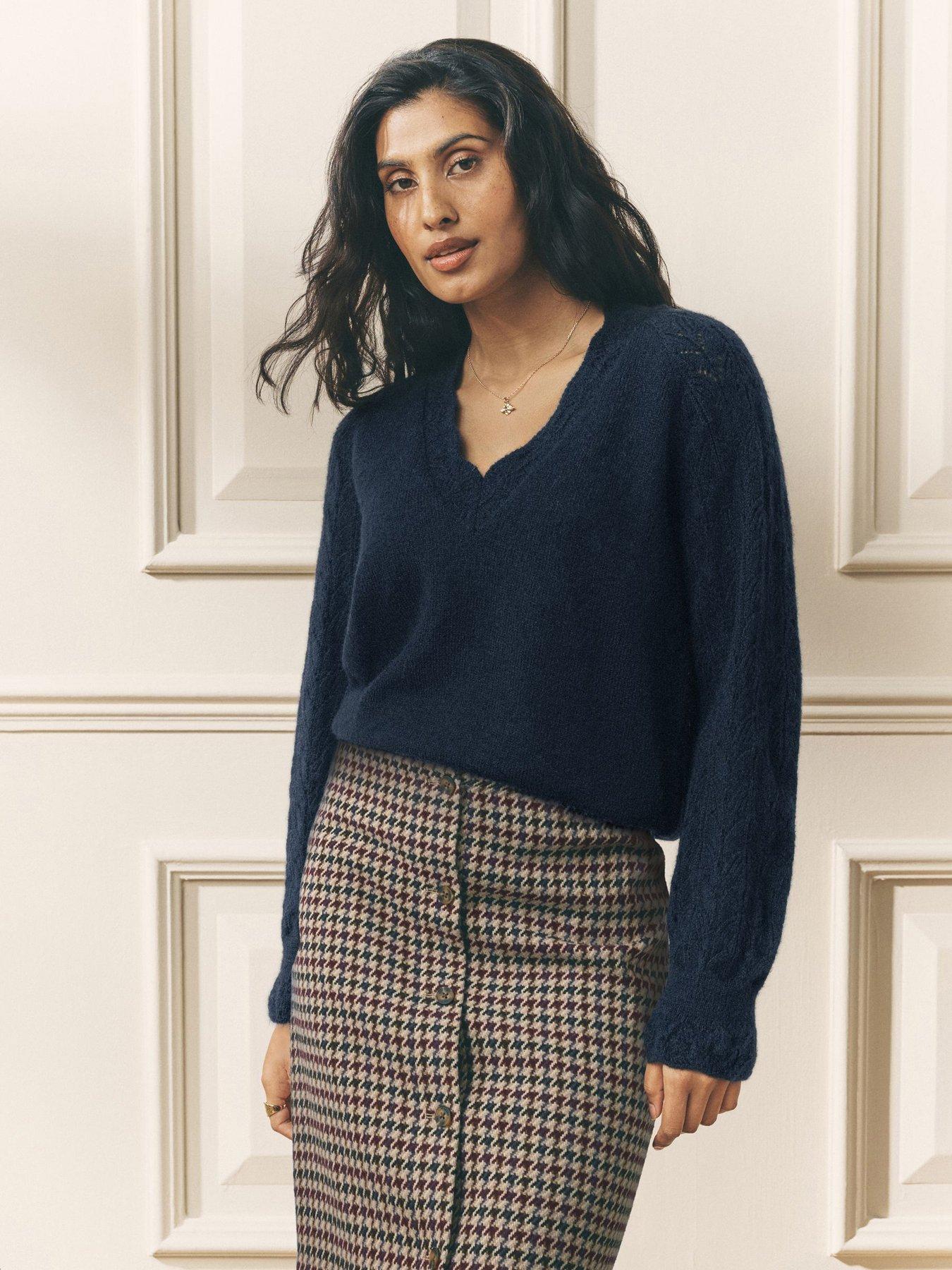 Laura Ashley Pointelle V Neck Jumper - Navy