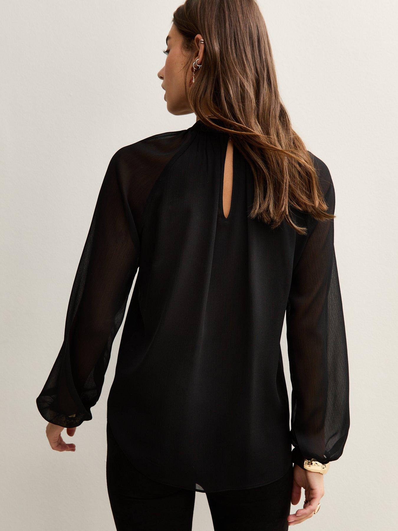Image 2 of 4 of New Look Lace Insert Ruffle Trimmed Blouse - Black