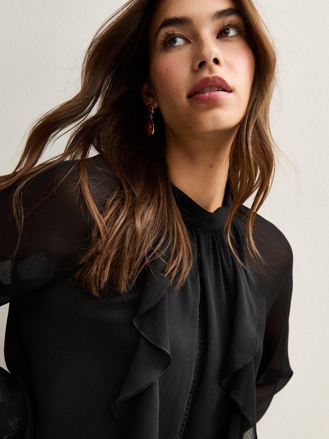 Image 4 of 4 of New Look Lace Insert Ruffle Trimmed Blouse - Black