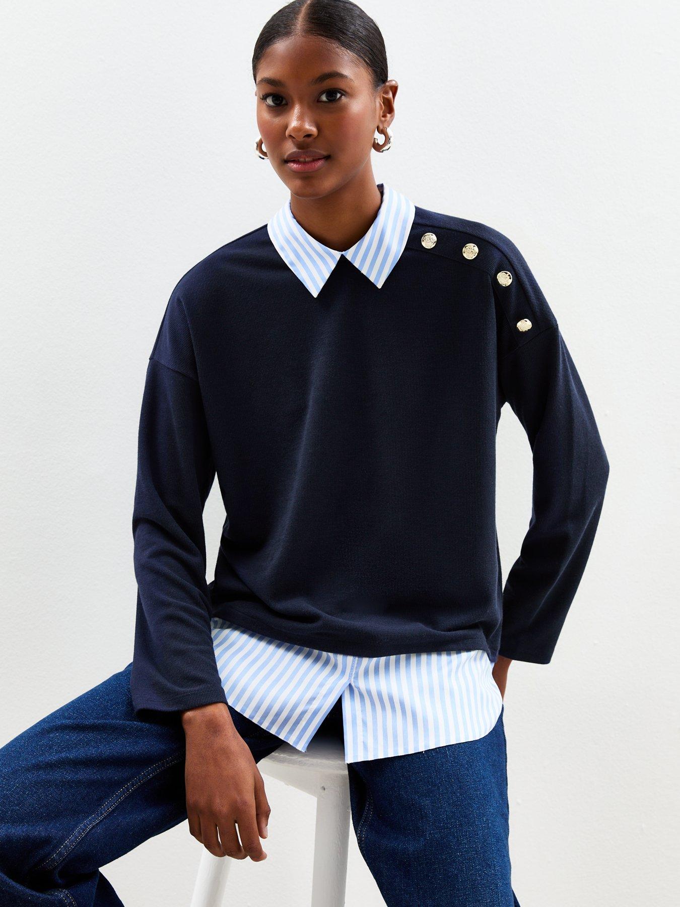 New Look In Striped Shirt Ribbed Jumper Blue Very