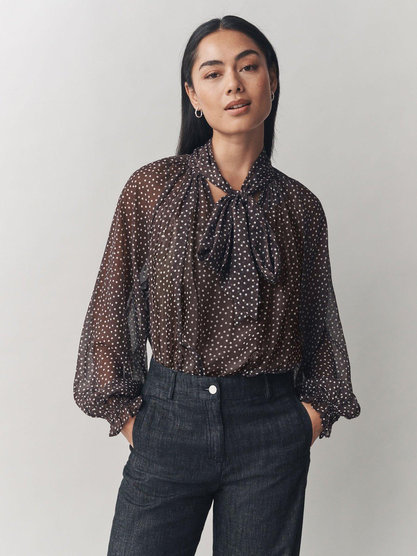 Laura Ashley Ruffle Spot Blouse - Brown