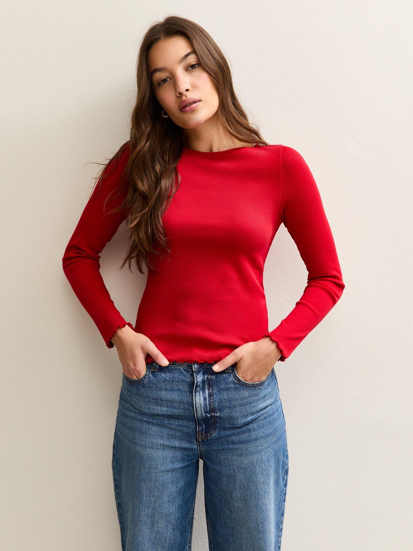 undefined Long Sleeve Ribbed Top - Red