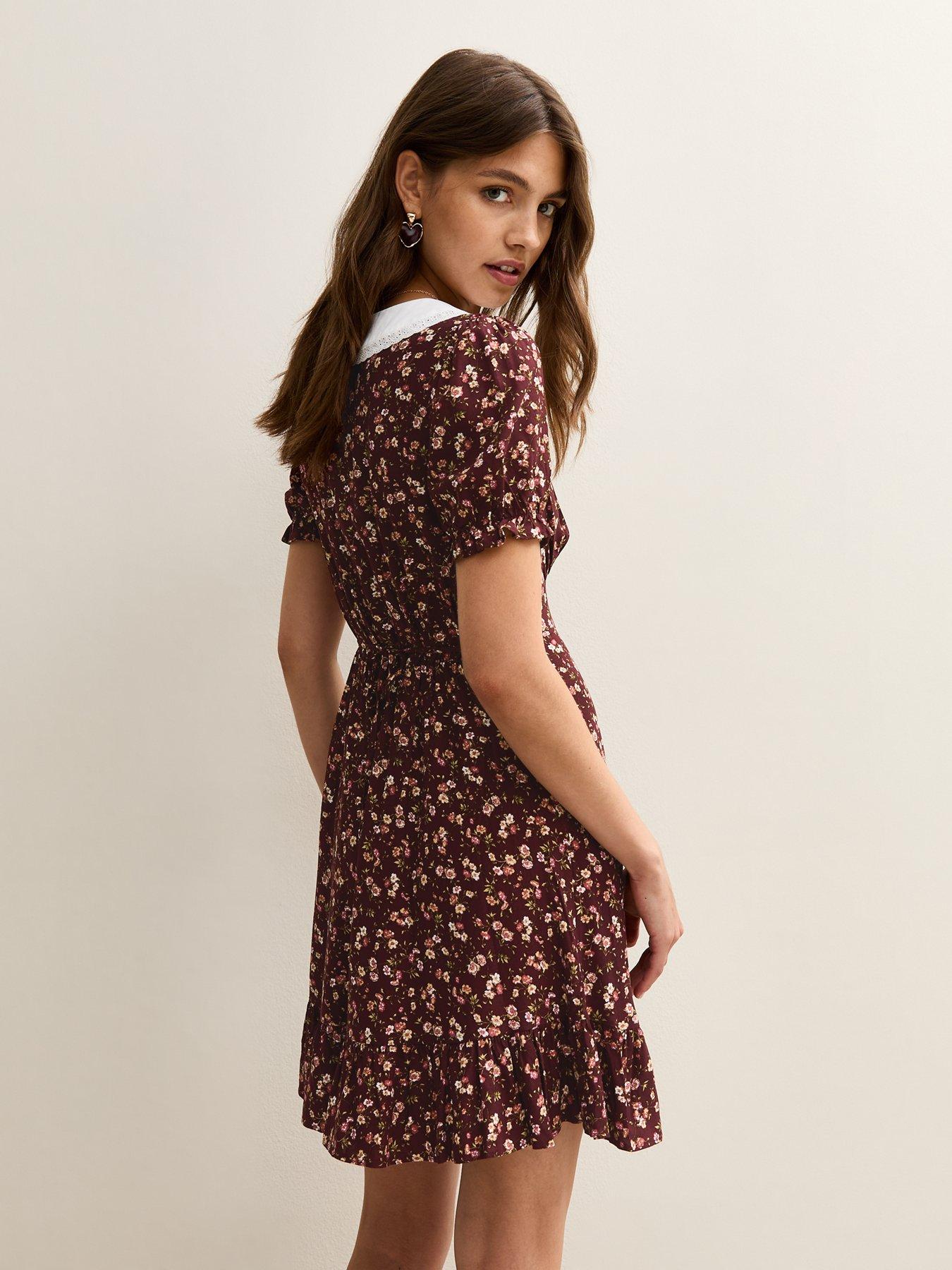 new look red floral dress Red Crinkled Floral Print Bow Back Midi Dress