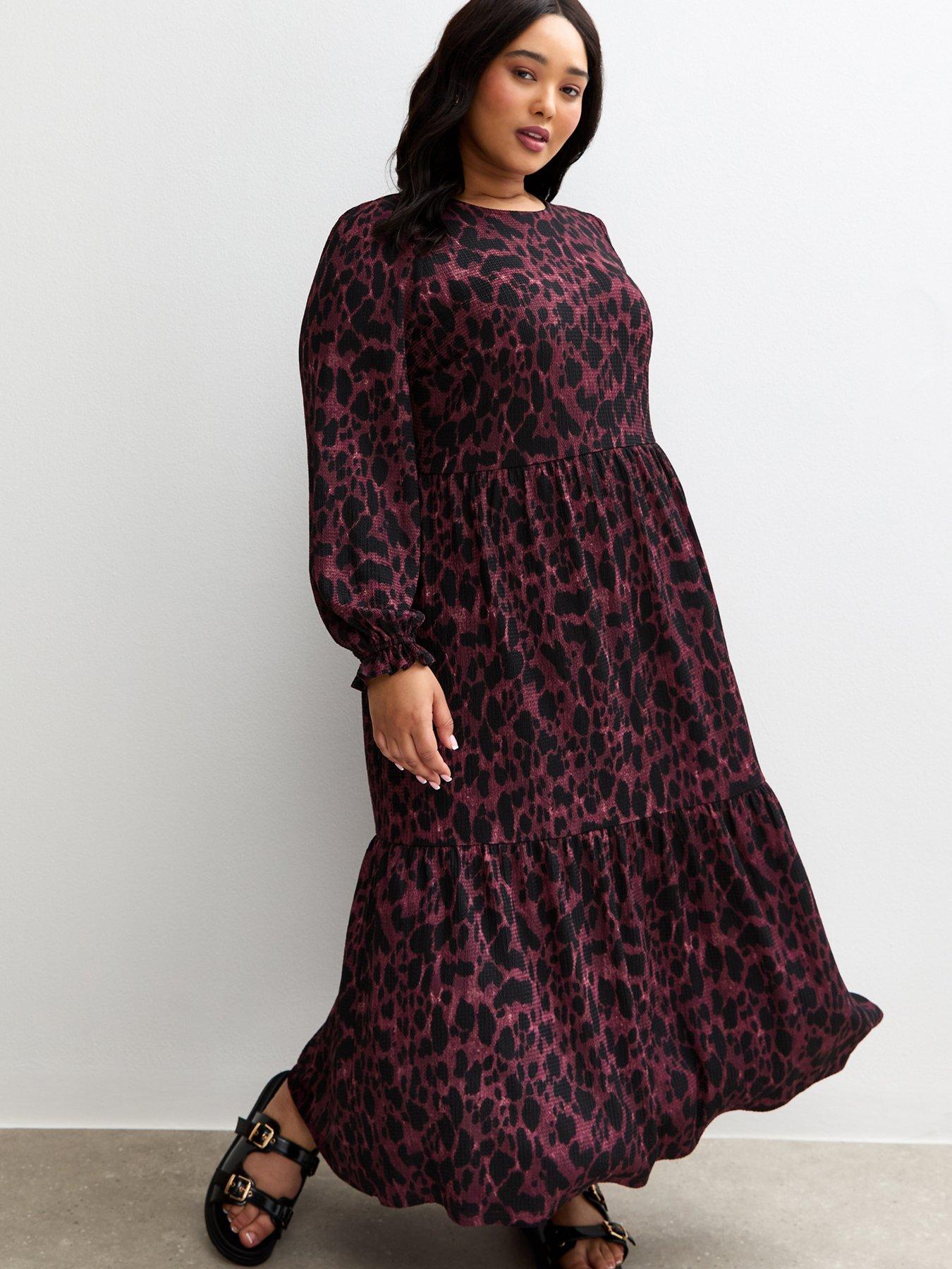 New Look Curves Red Leopard Print Crinkle Smock Midi Dress