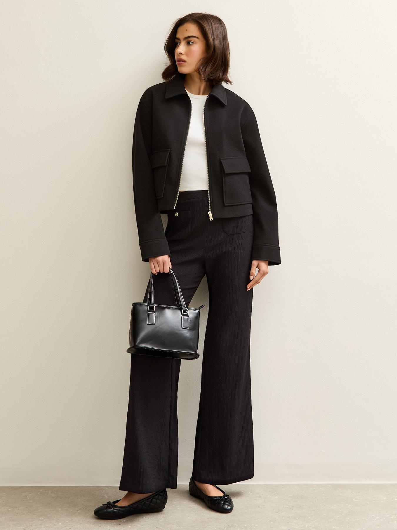 Image 1 of 4 of New Look Textured Jersey Wide Leg Trousers - Black