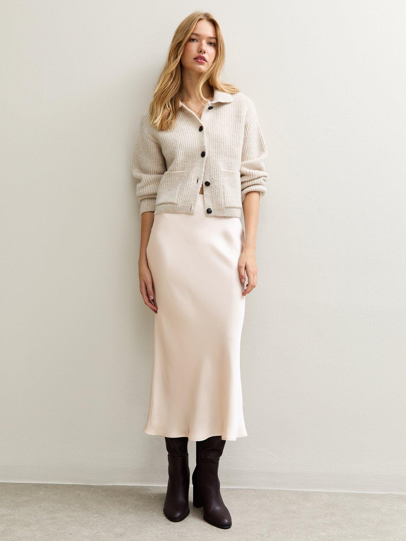 Image 1 of 4 of New Look Pale Pink Satin Bias Cut Midi Skirt