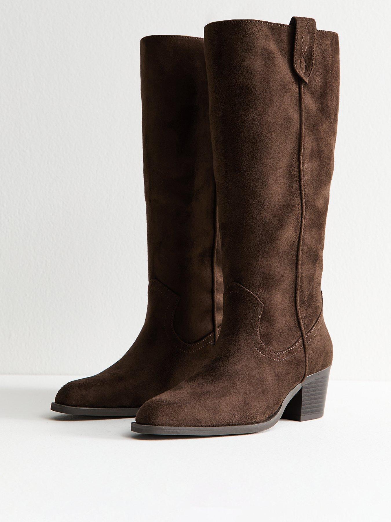 undefined Faux Suede Western Knee High Boots - Brown