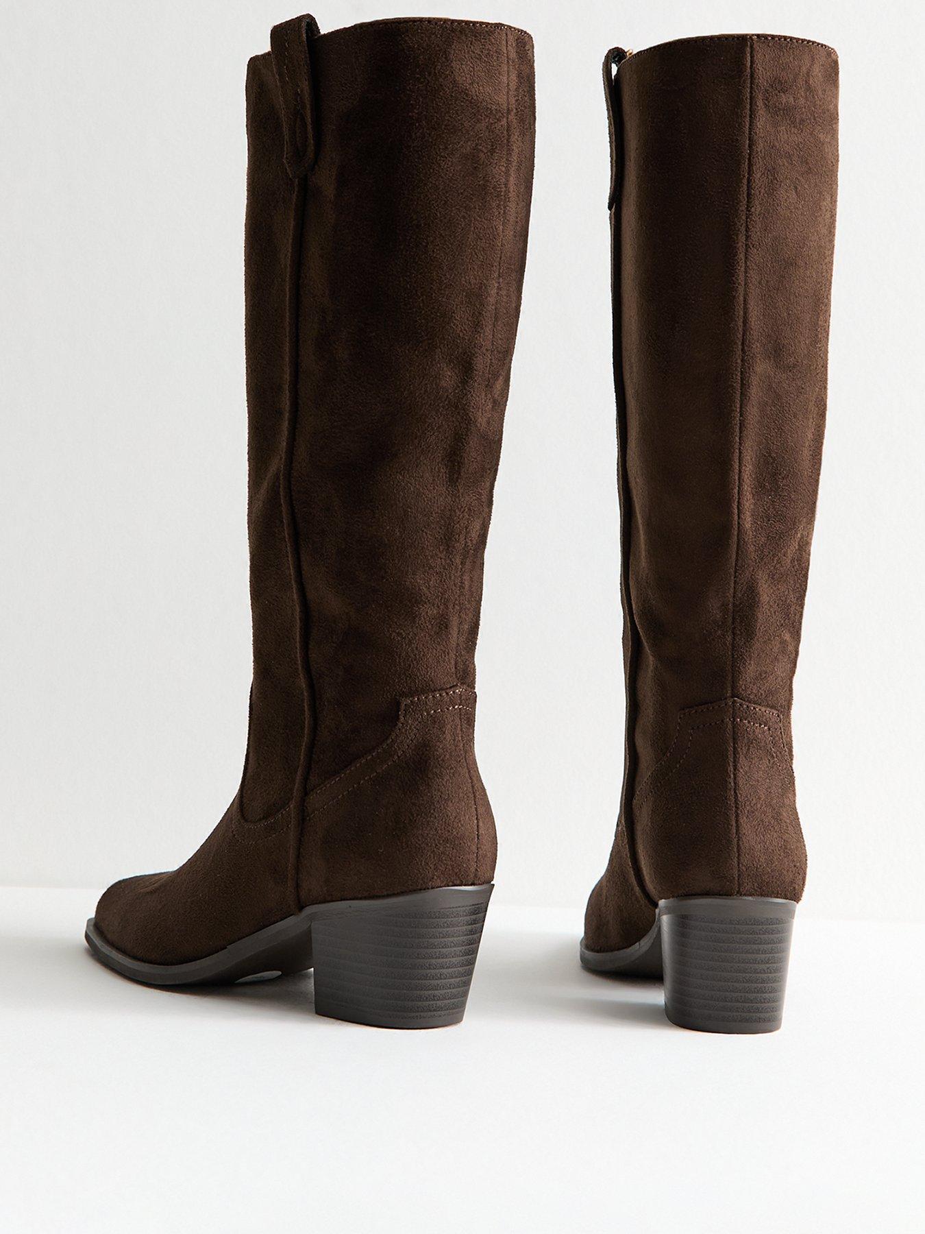 Image 3 of 5 of New Look Faux Suede Western Knee High Boots - Brown