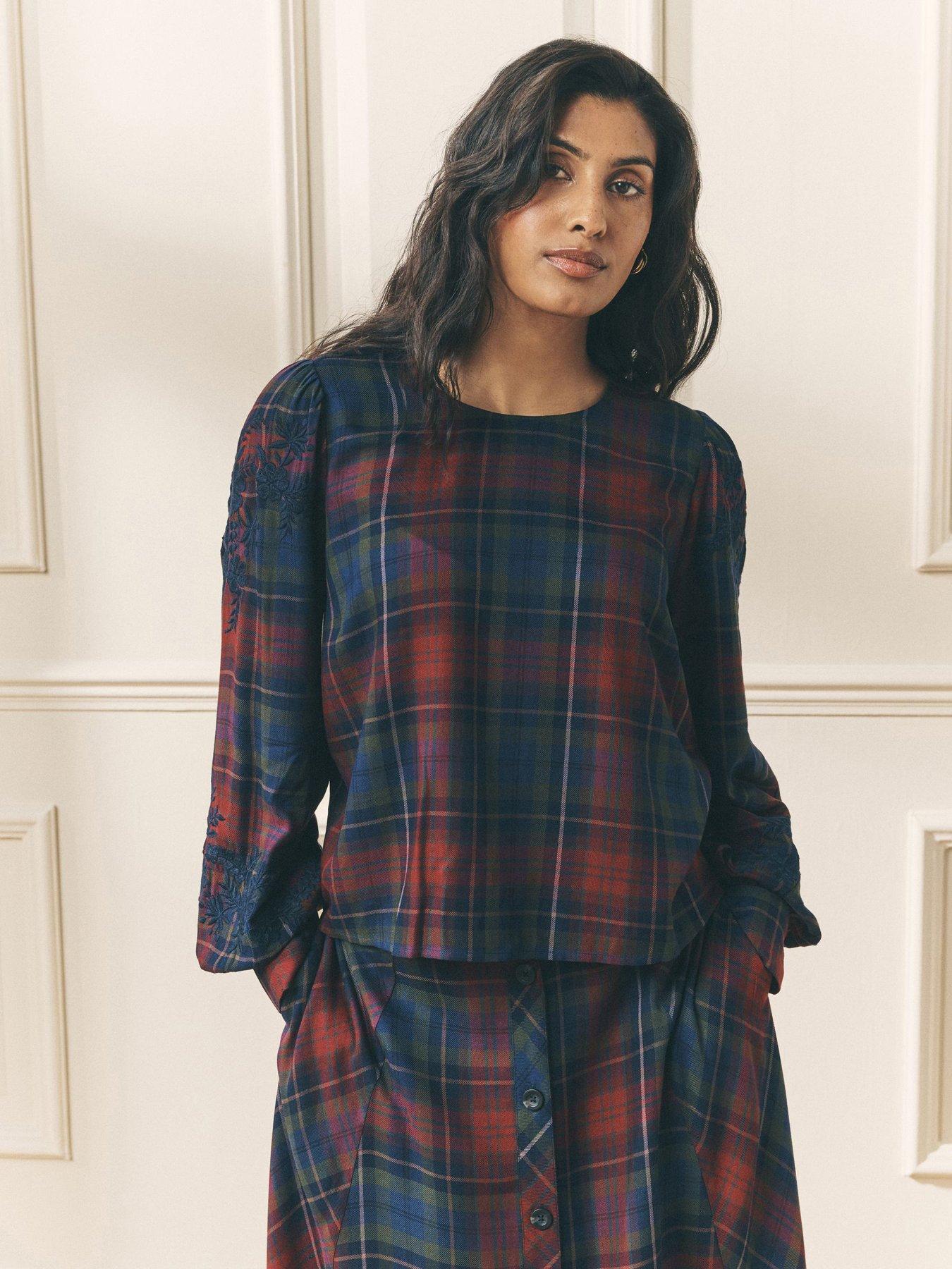 Laura Ashley Long Sleeve Check Embroidered Blouse - Purple/Red/Green