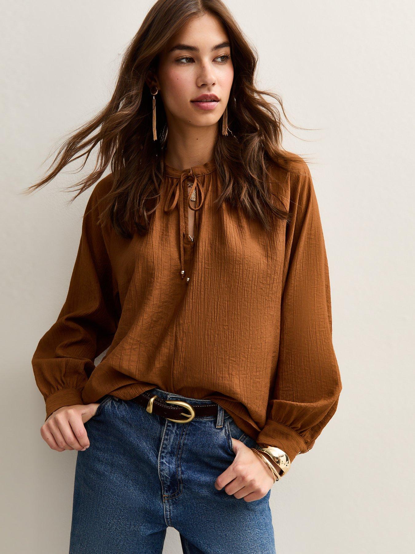 undefined Tie Neck Long Sleeve Blouse - Brown