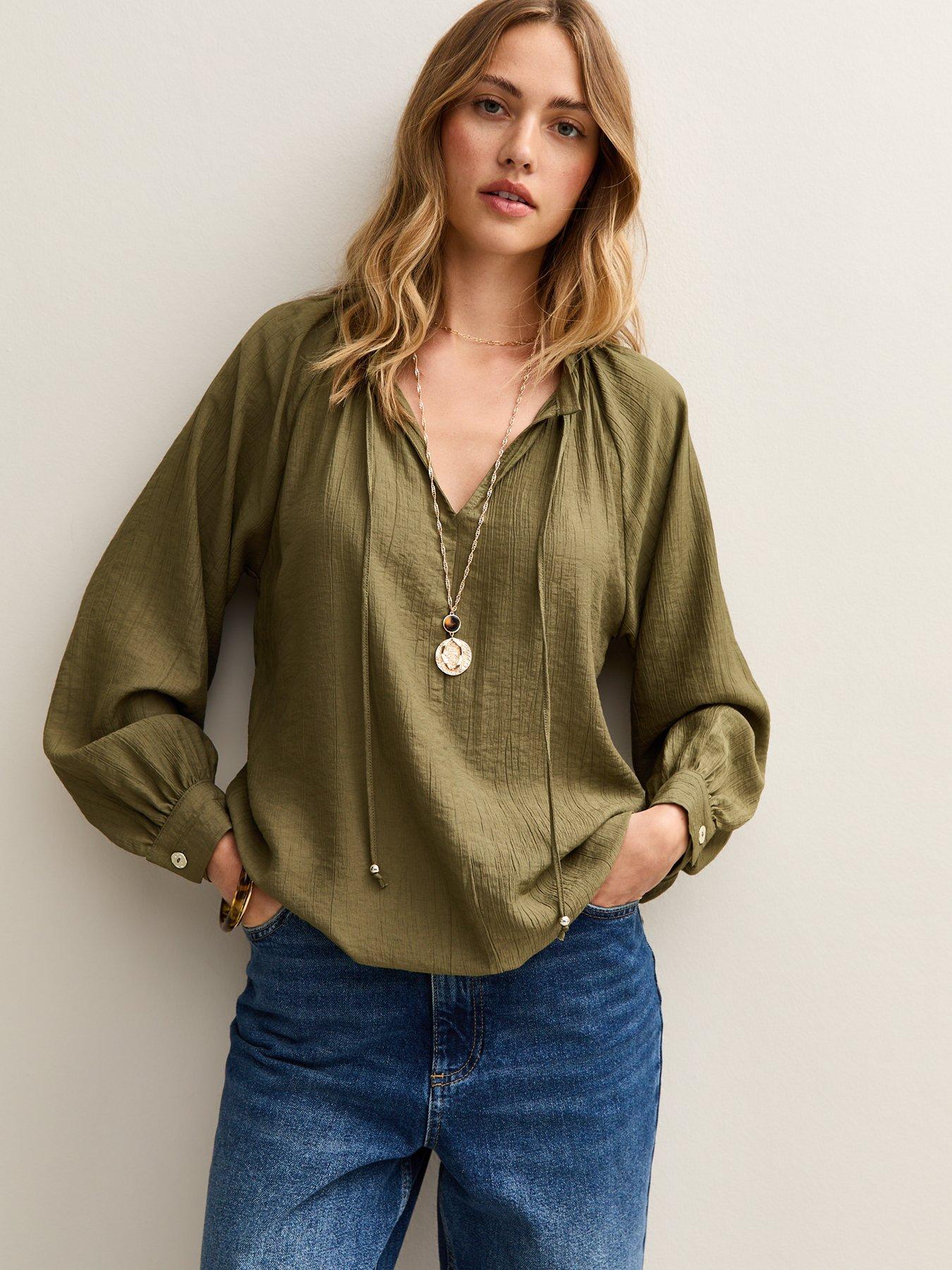 undefined Khaki Tie Neck Long Sleeve Blouse