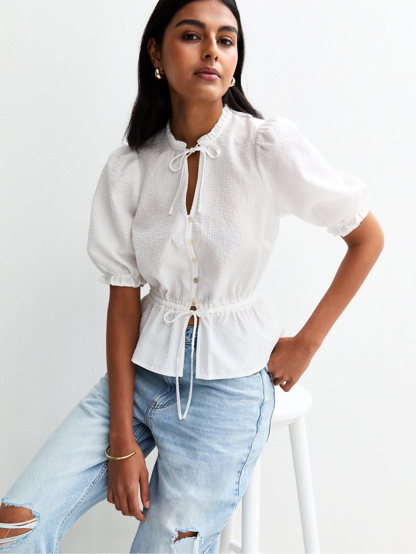 undefined Cream Crinkled Tie Neck Top