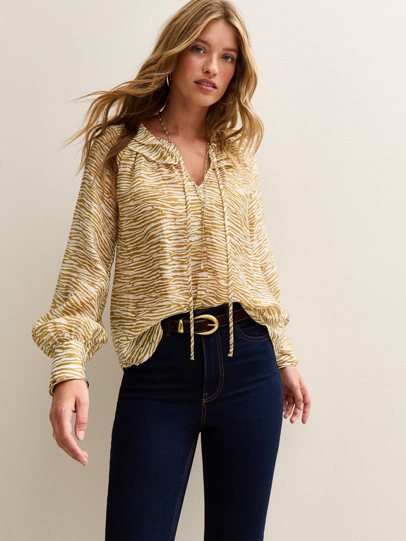 New Look Zebra Frill Long Sleeve Blouse - Yellow
