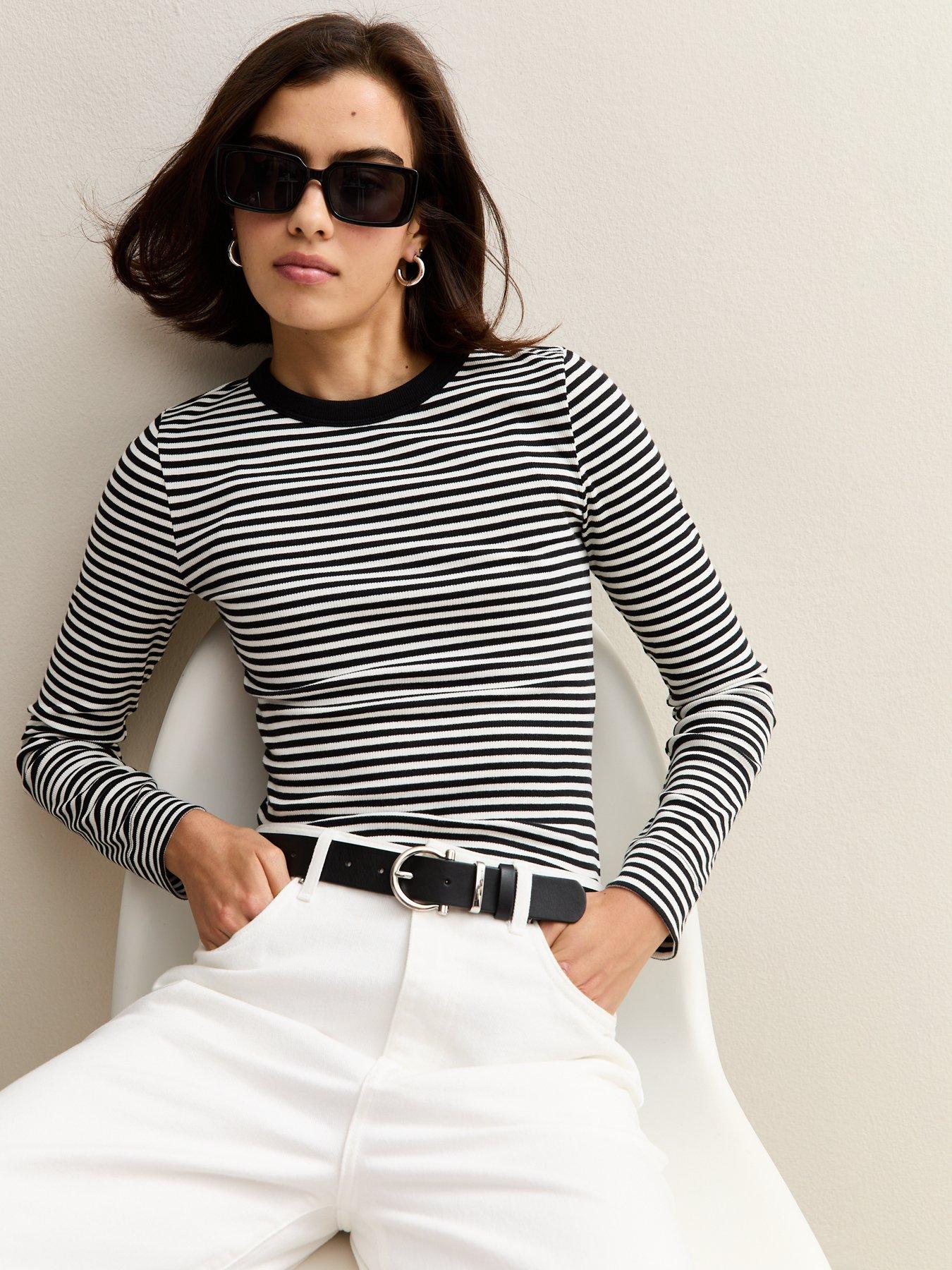 New Look Striped Long Sleeve Ribbed Jersey Top - White/Black