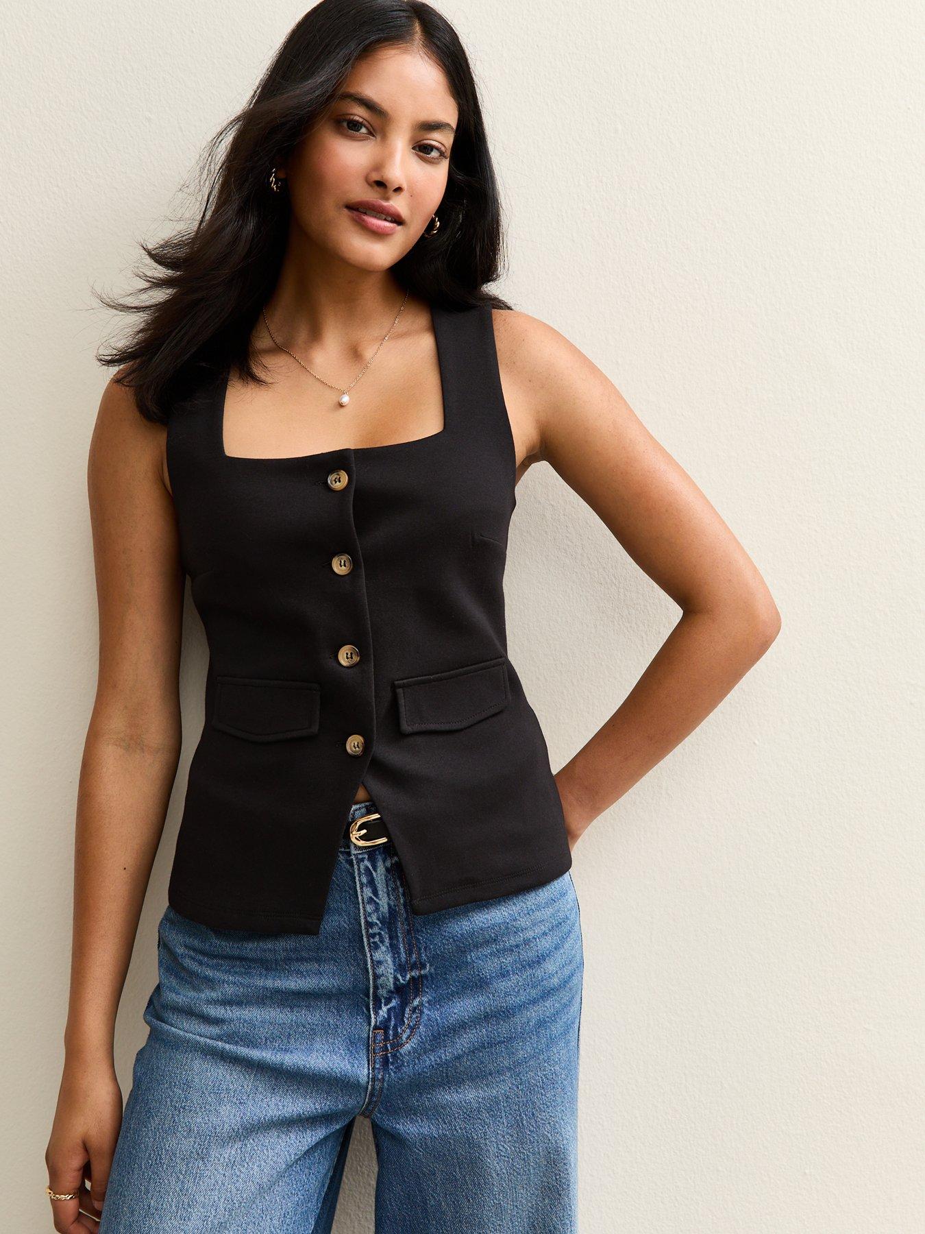 New Look Black Square Neck Button Through Sleeveless Top
