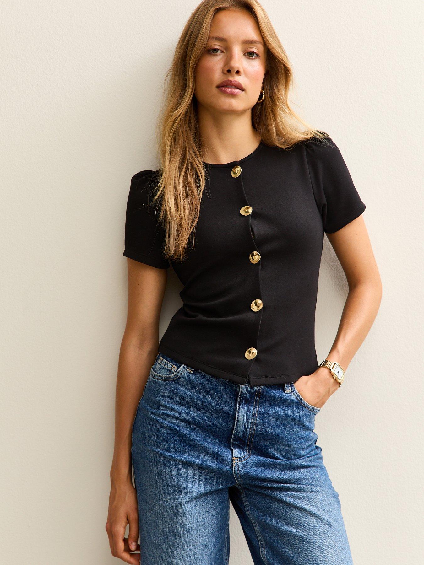 New Look Black Puff Sleeve Crew Neck Button Through Top