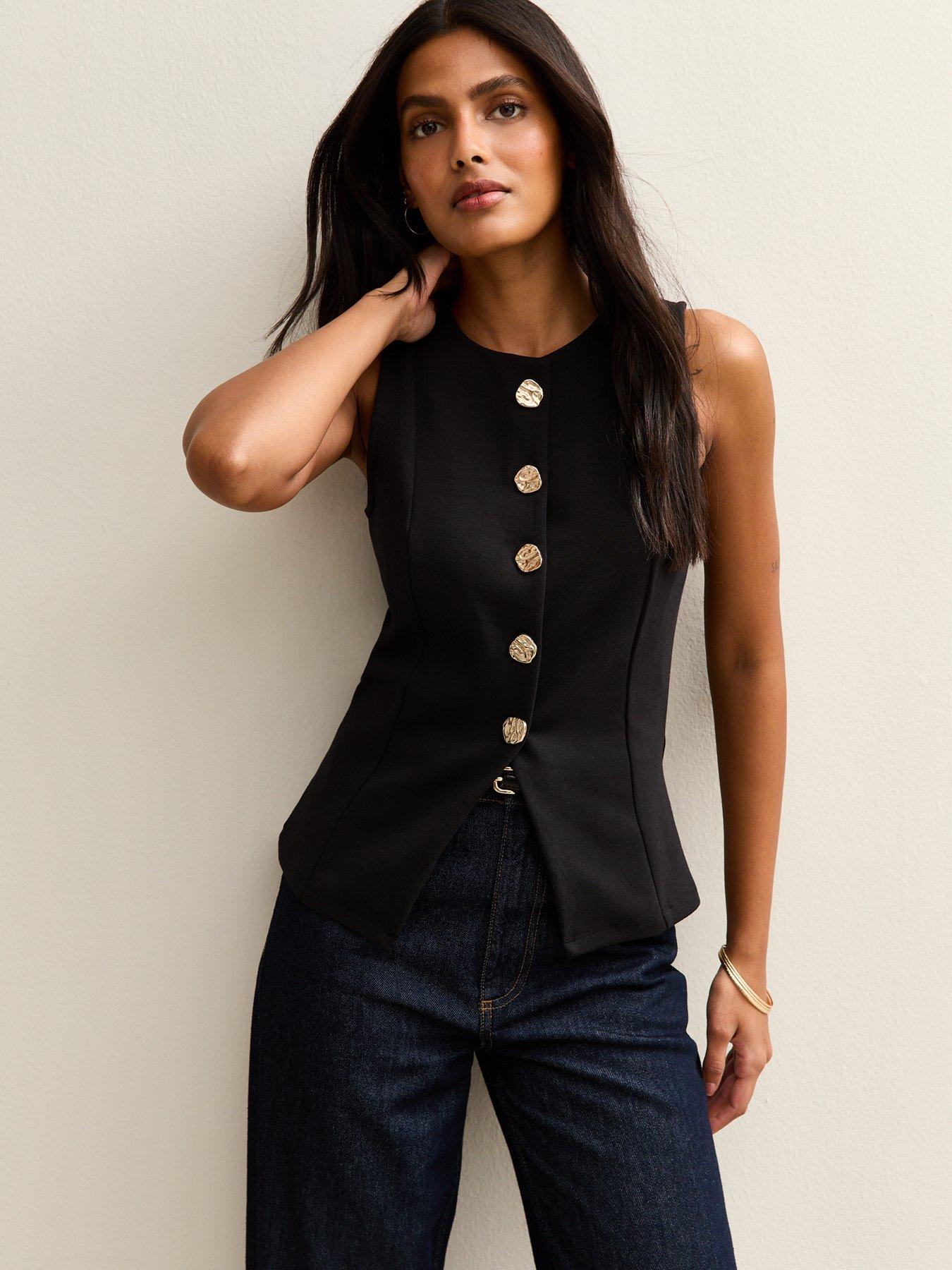 New Look Black Jersey Crew Neck Gold Button Waistcoat