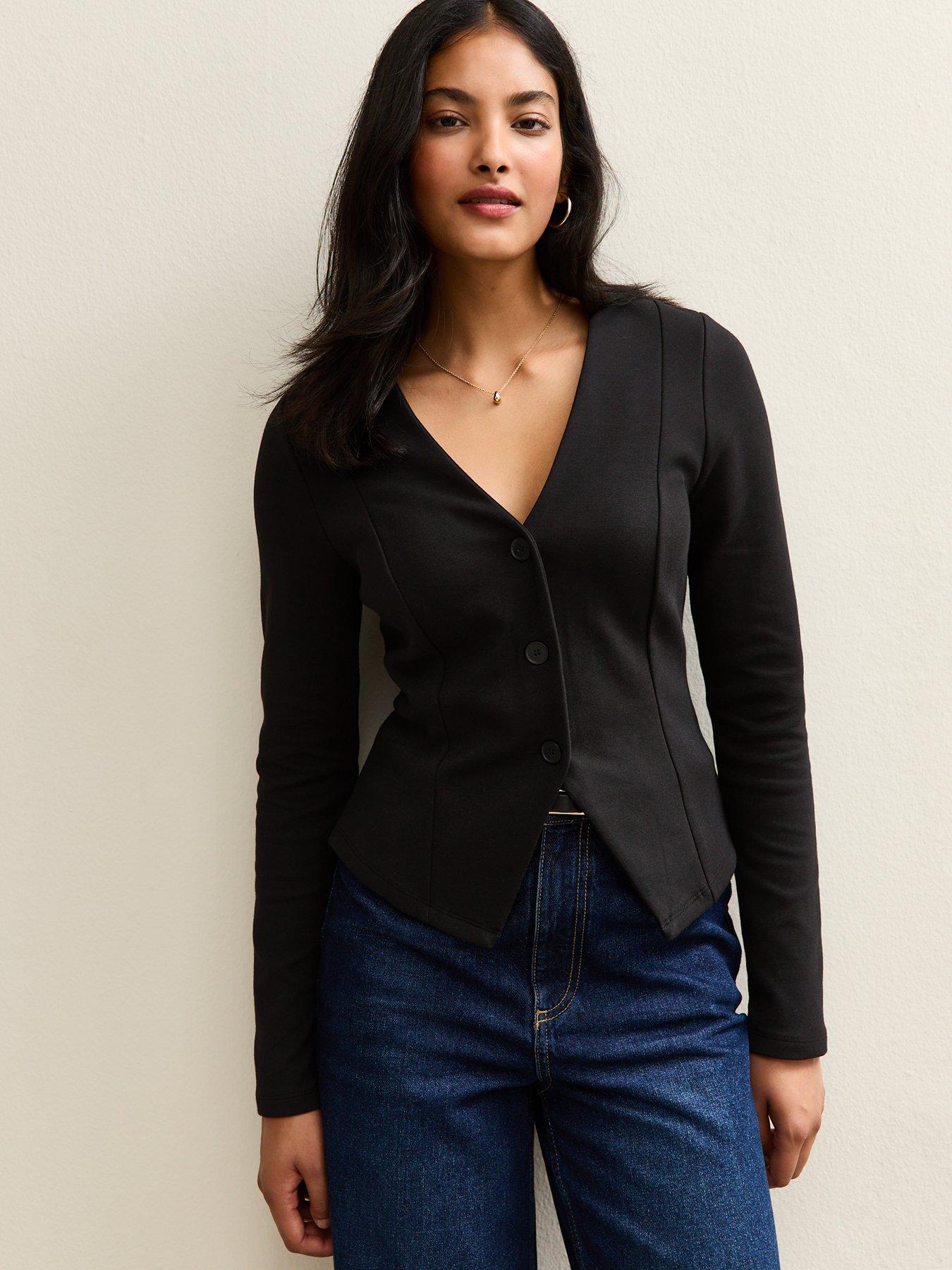 Image 1 of 5 of New Look Panelled Button Through Long Sleeve Top - Black