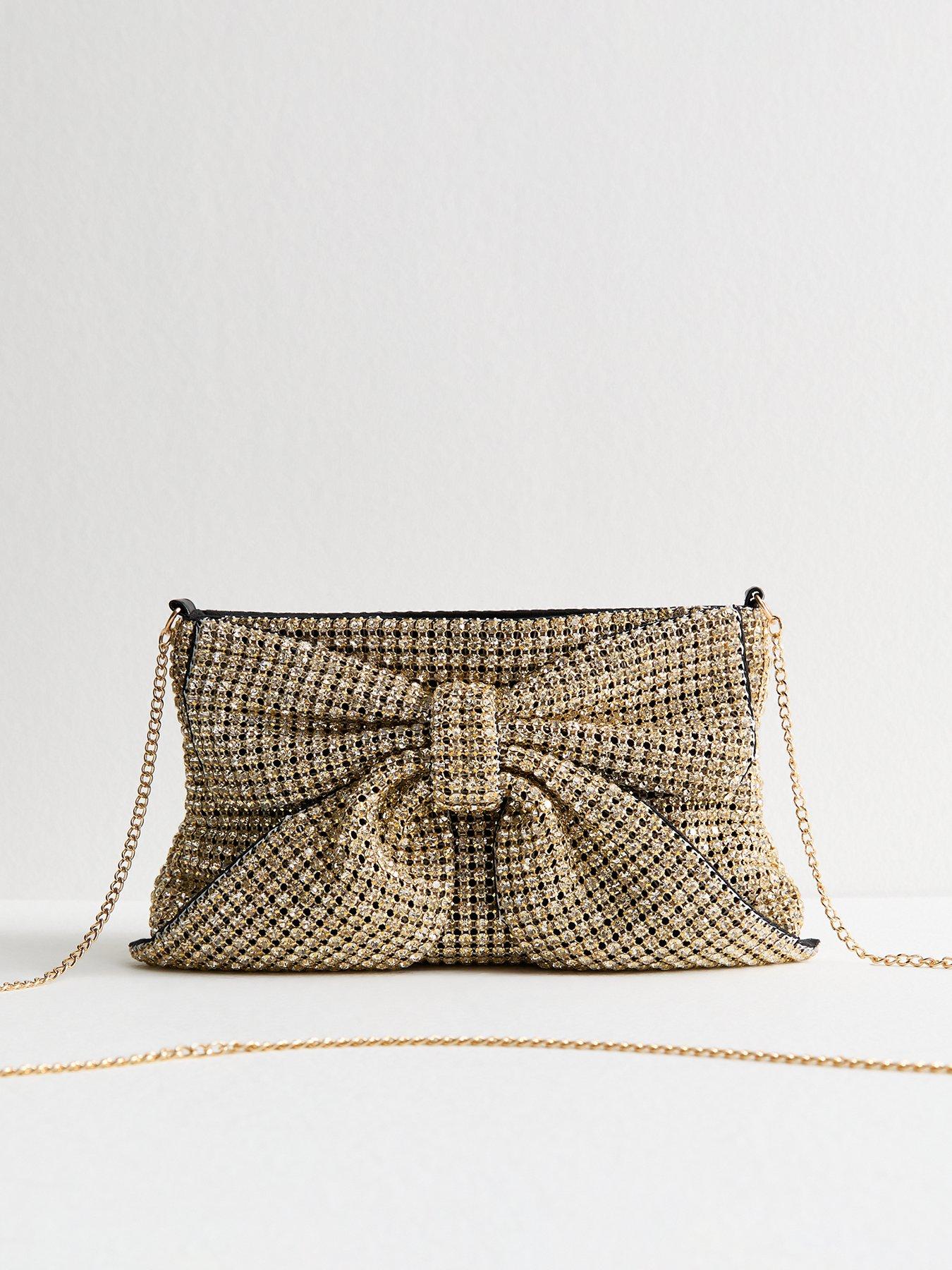 New Look Rhinestone Embellished Bow Appliqued Clutch - Gold