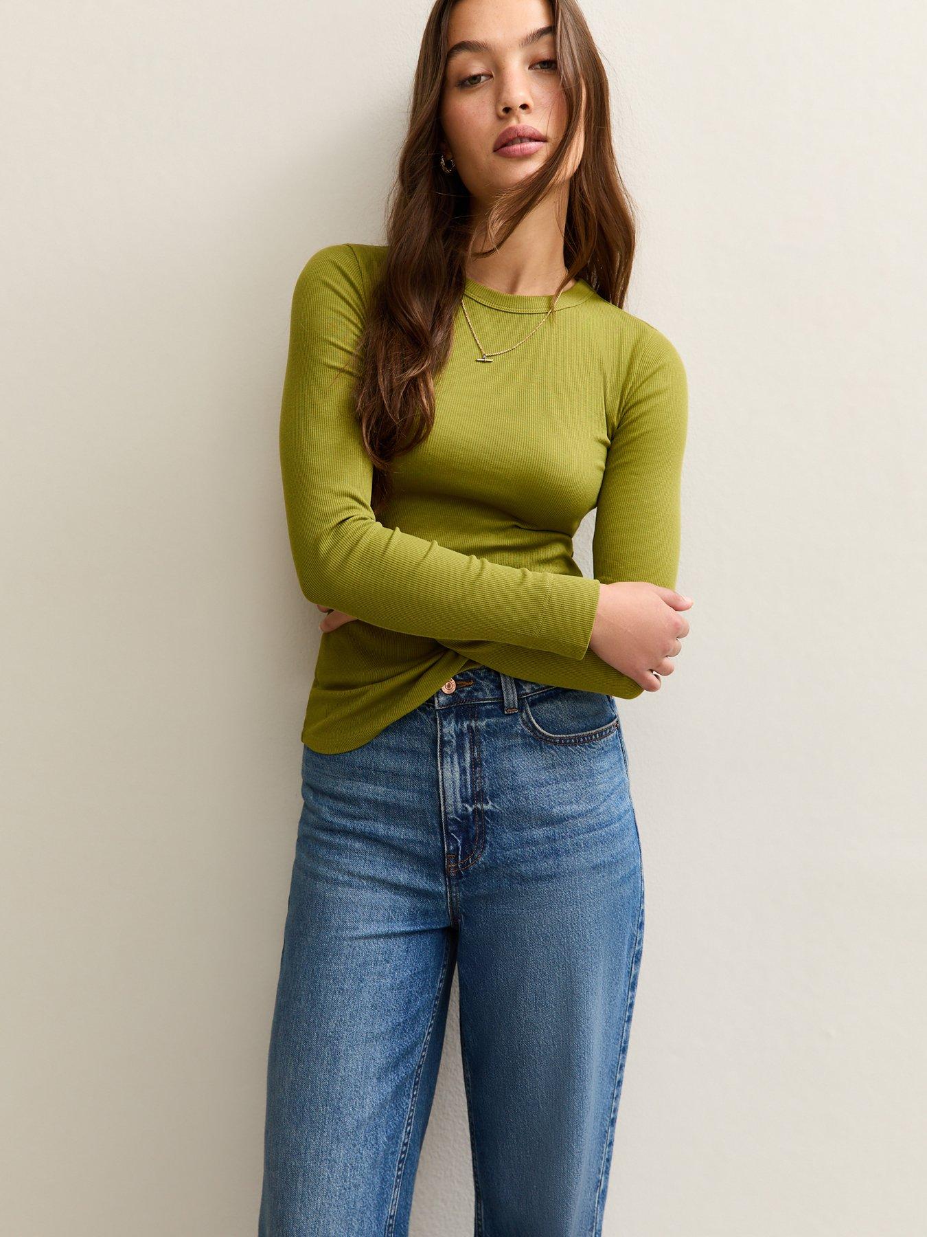 undefined Light Khaki Long Sleeve Ribbed Crew Neck Top