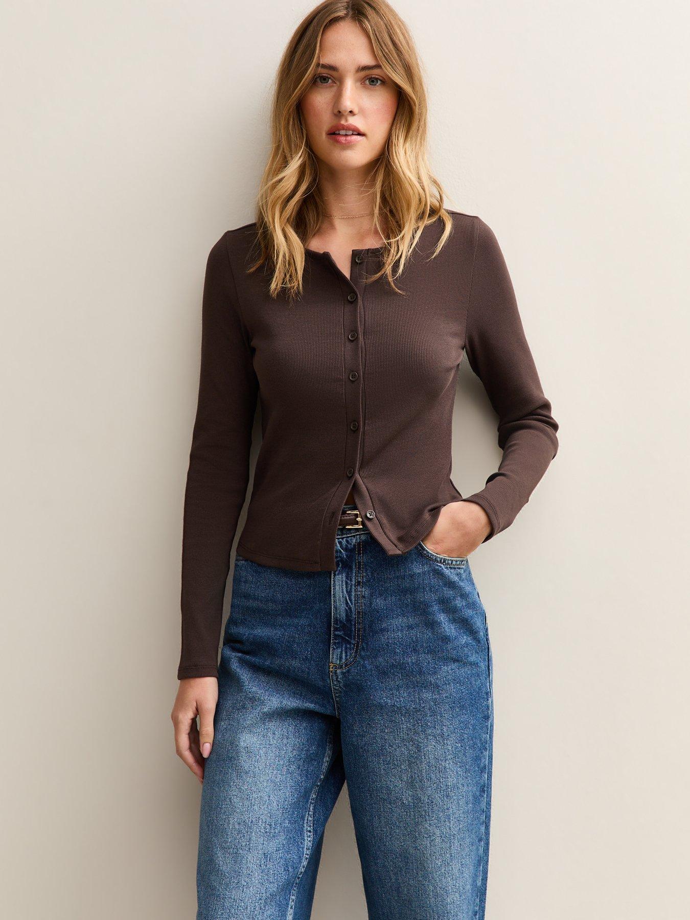 undefined Long Sleeve Ribbed Cardigan - Brown
