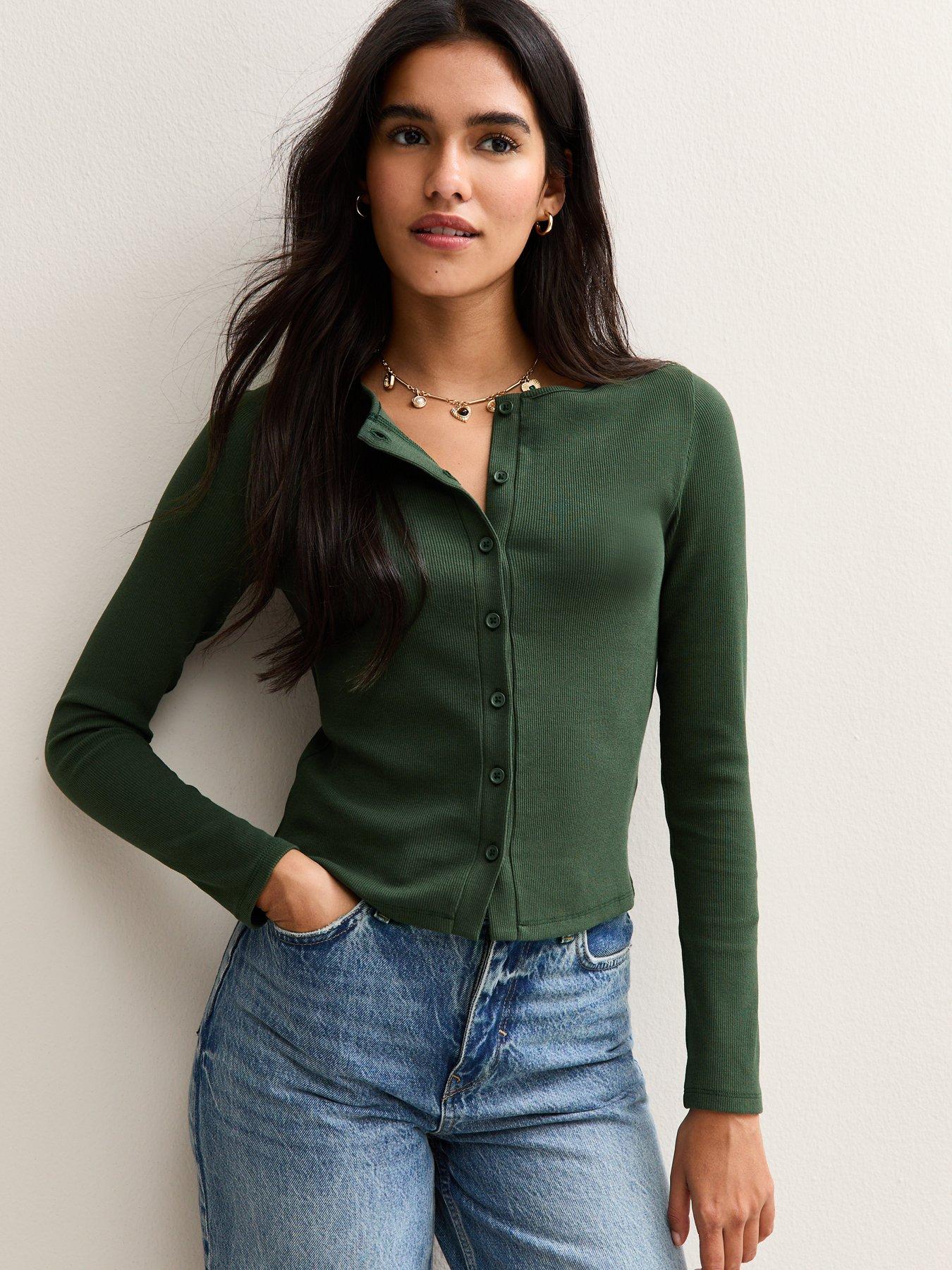 New Look Ribbed Jersey Long Sleeve Cardigan - Green