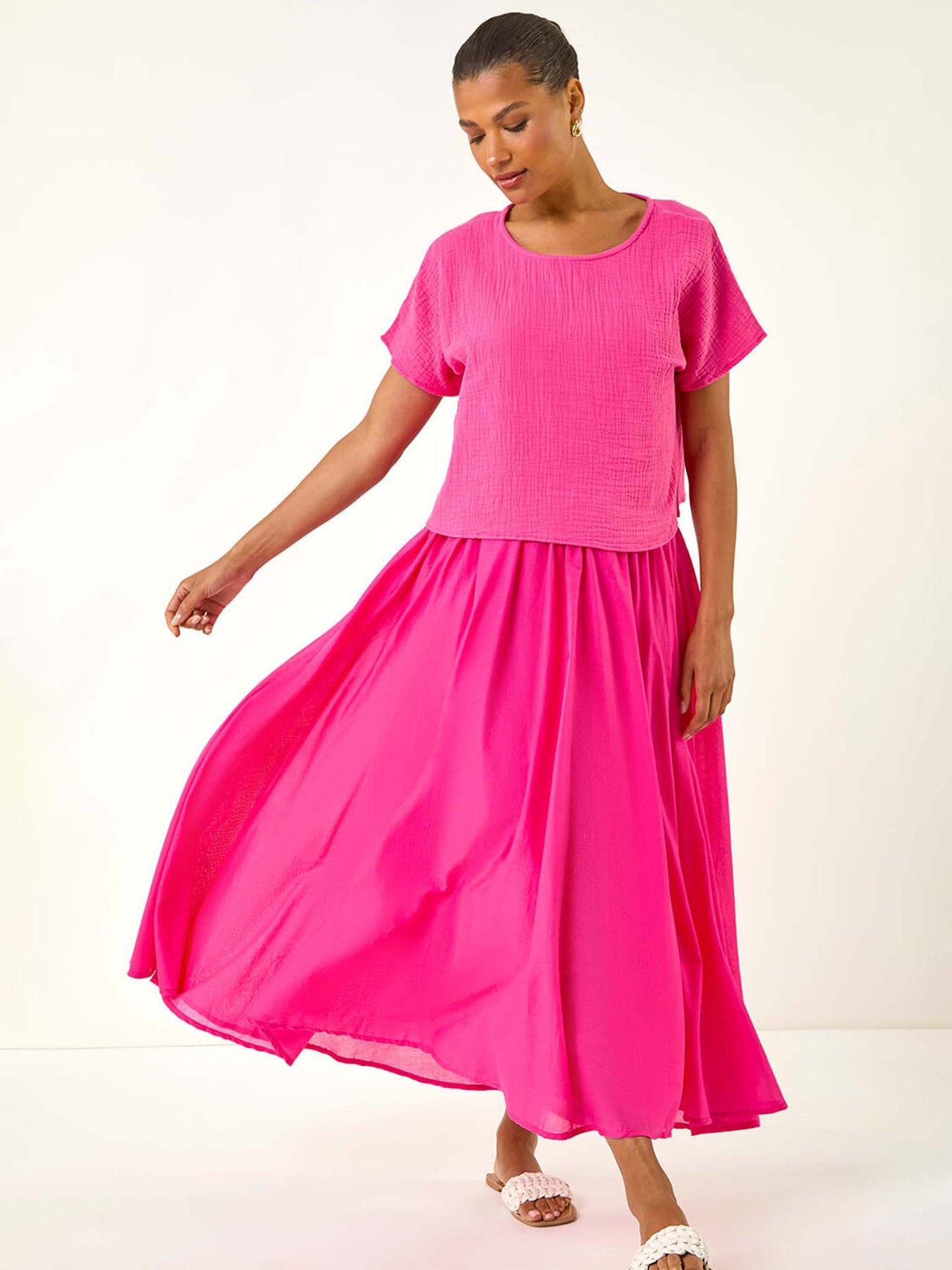 undefined Cotton Top Overlay Midi Dress - Fuchsia
