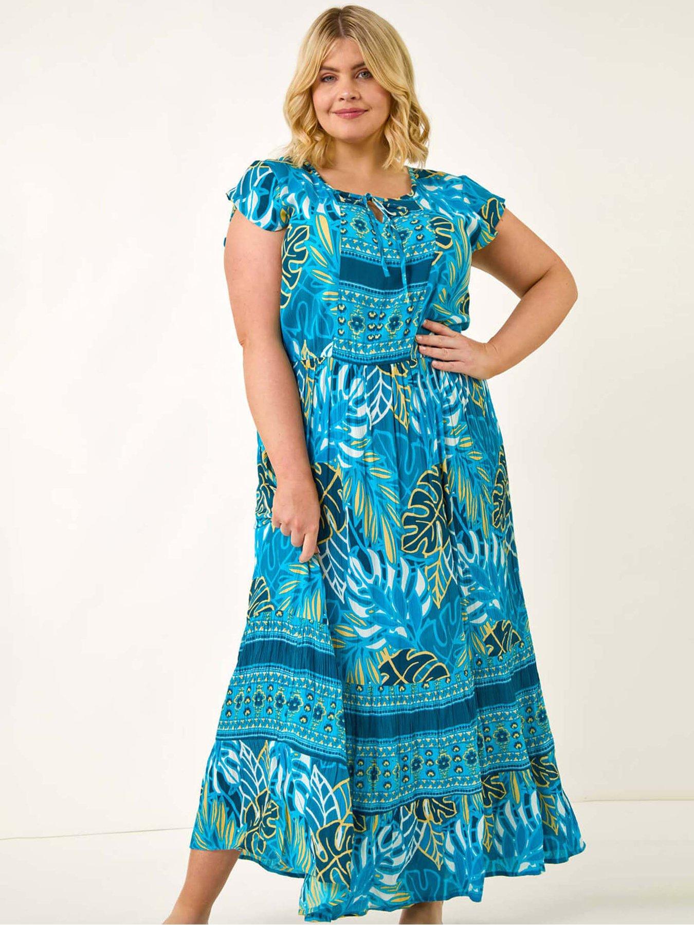 undefined Curve Tropical Tie Neck Dress - Blue