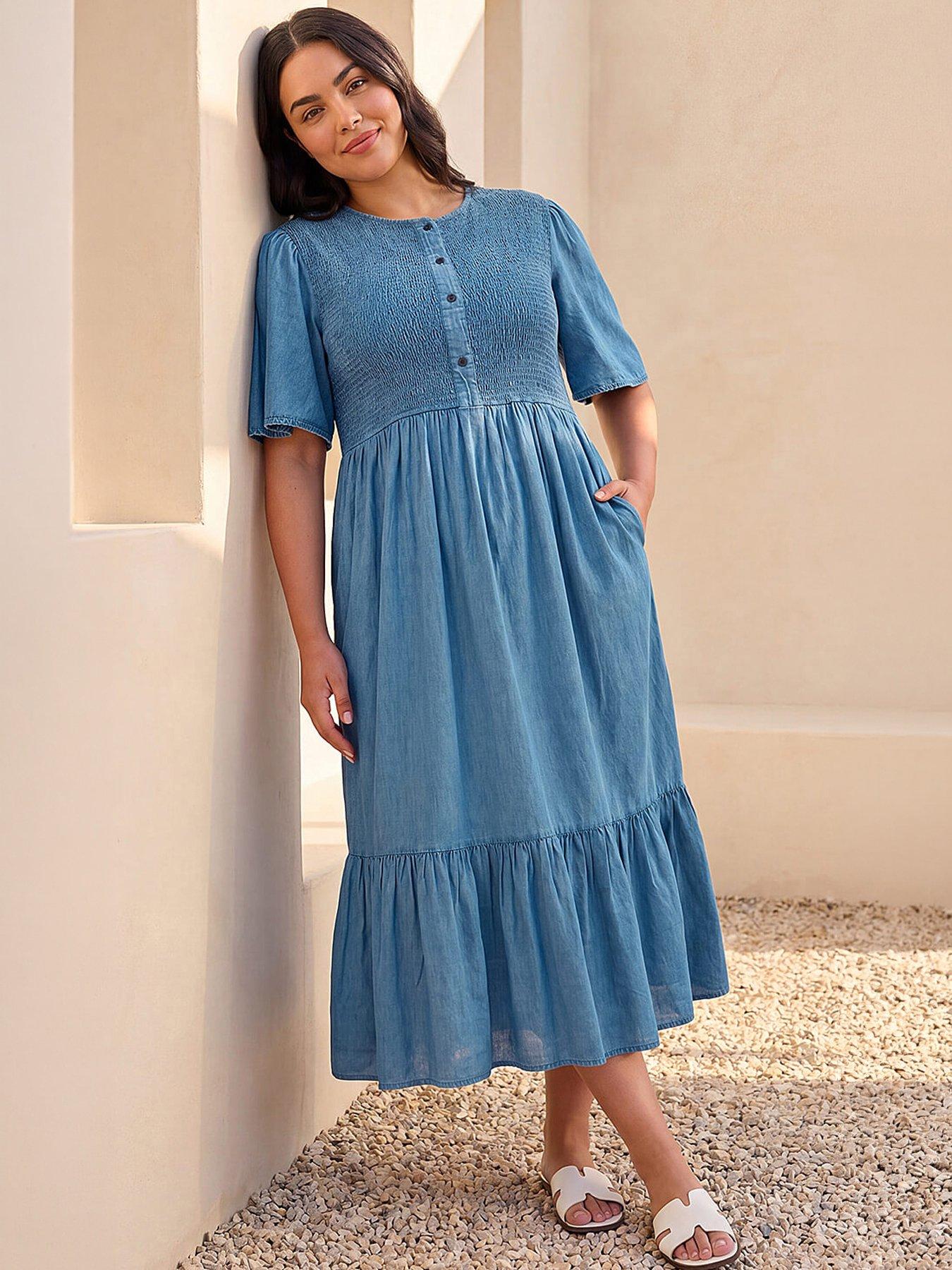 Roman Curve Denim Shirred Midi Dress - Blue