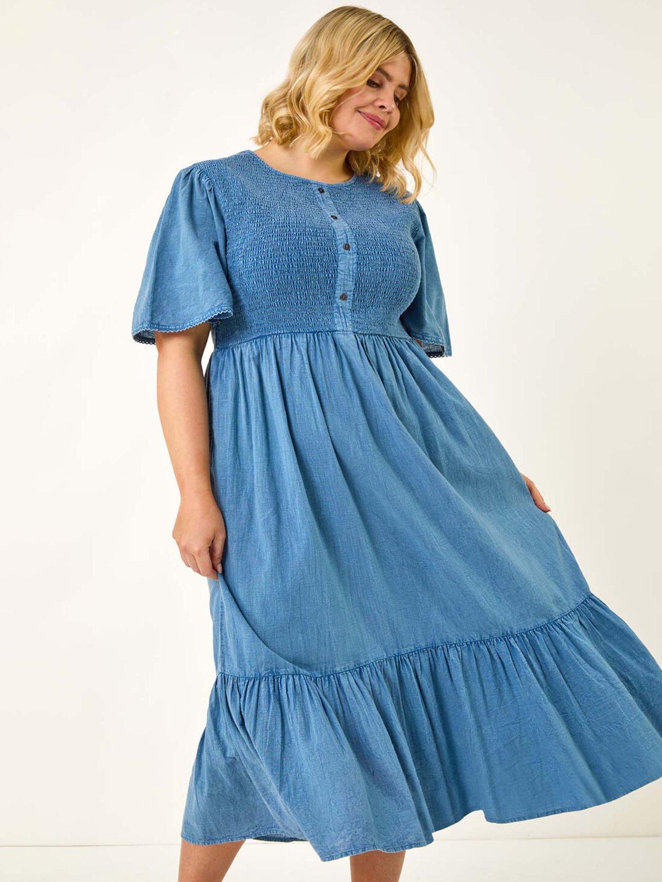 Roman Curve Denim Shirred Midi Dress - Blue