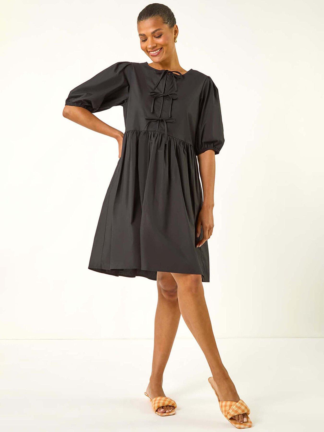 Image 3 of 5 of Roman Tie Front Smock Dress - Black