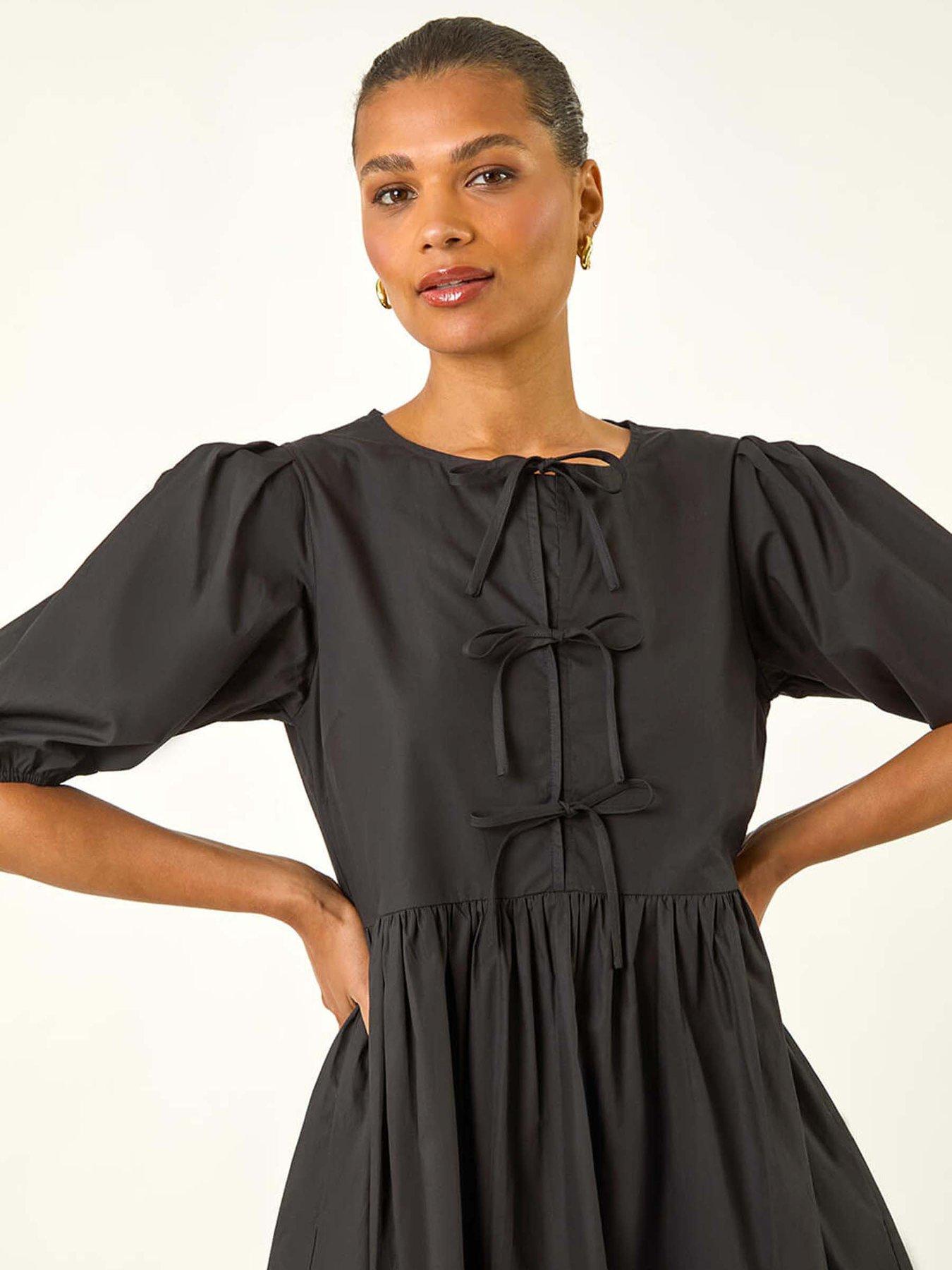 Image 4 of 5 of Roman Tie Front Smock Dress - Black