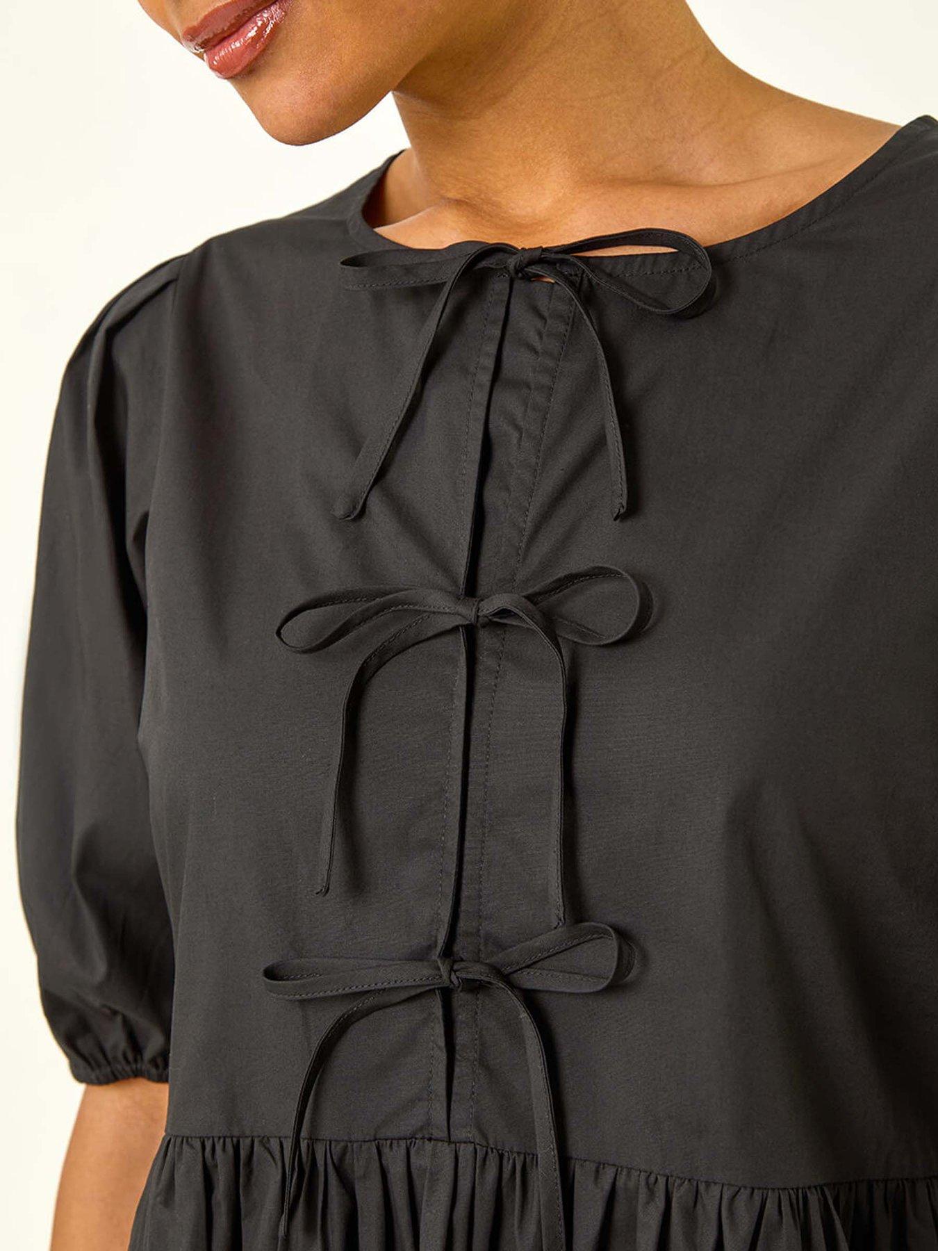 Image 5 of 5 of Roman Tie Front Smock Dress - Black