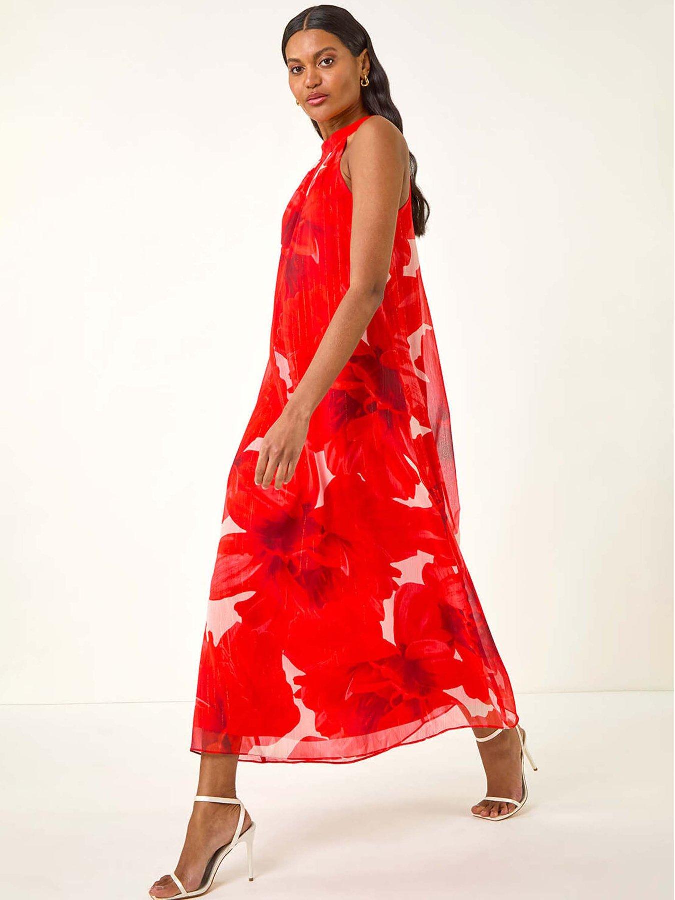 undefined Floral Halterneck Midi Dress - Red