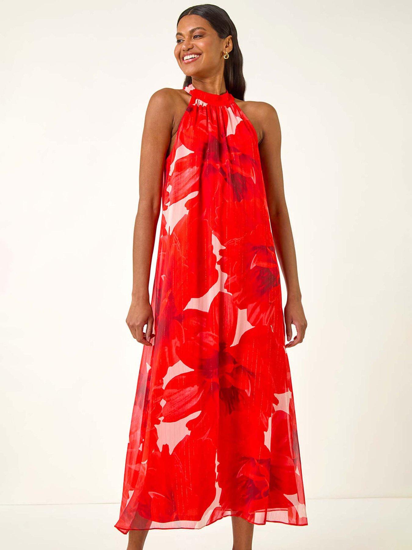 Roman Floral Halterneck Midi Dress - Red | Very