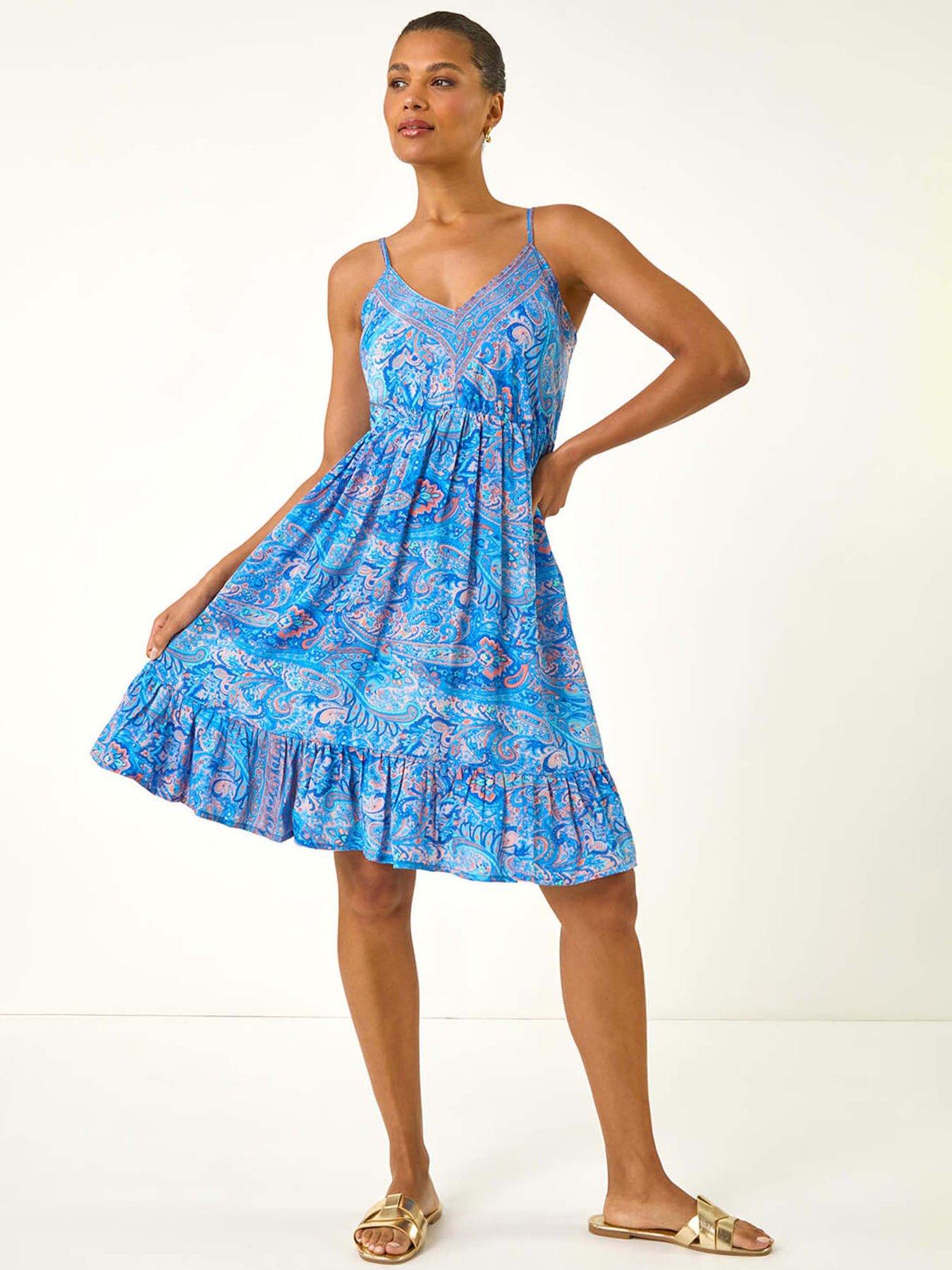 Image 3 of 5 of Roman Paisley Print Strap Frill Dress - Blue