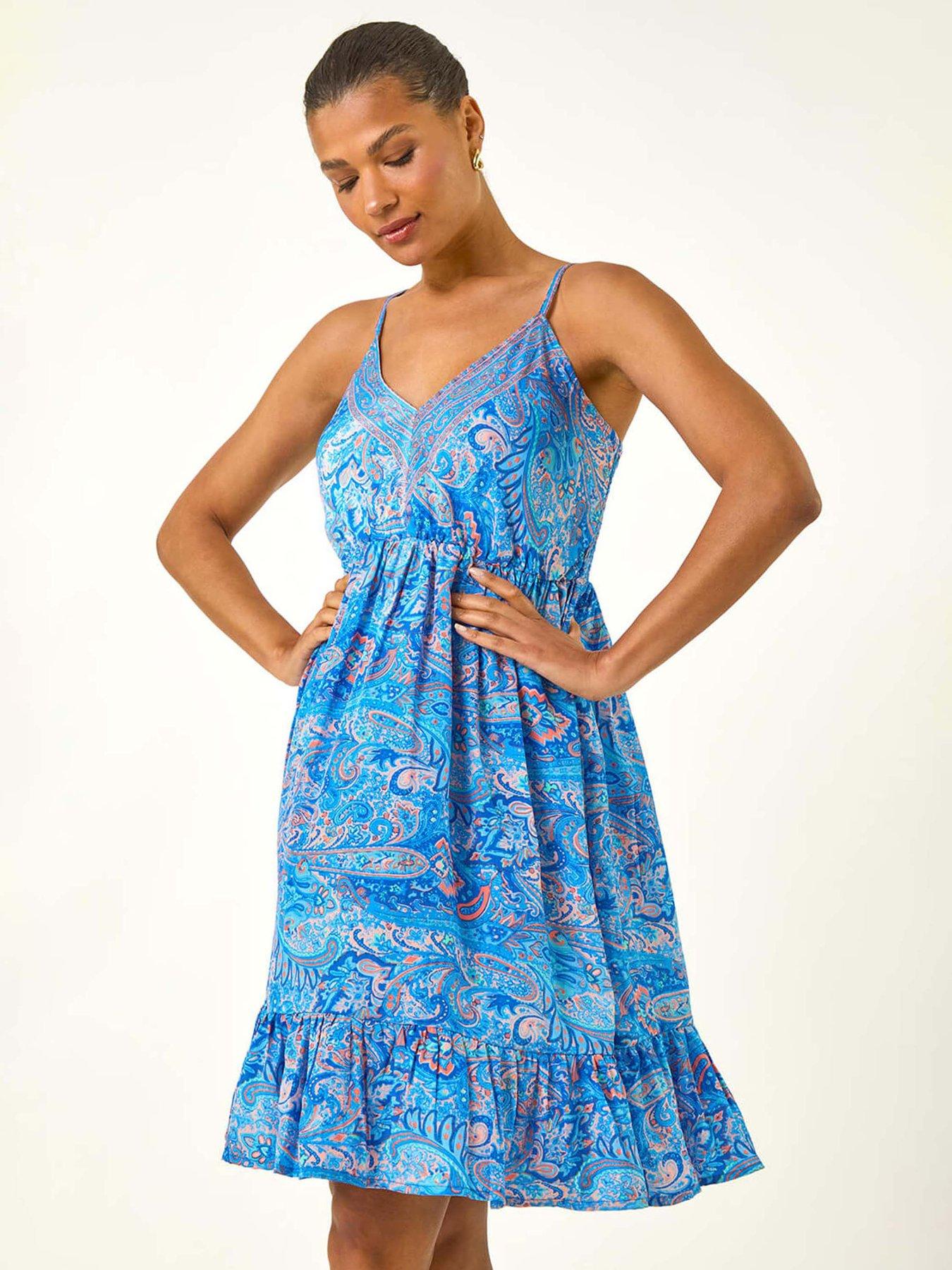 Image 4 of 5 of Roman Paisley Print Strap Frill Dress - Blue