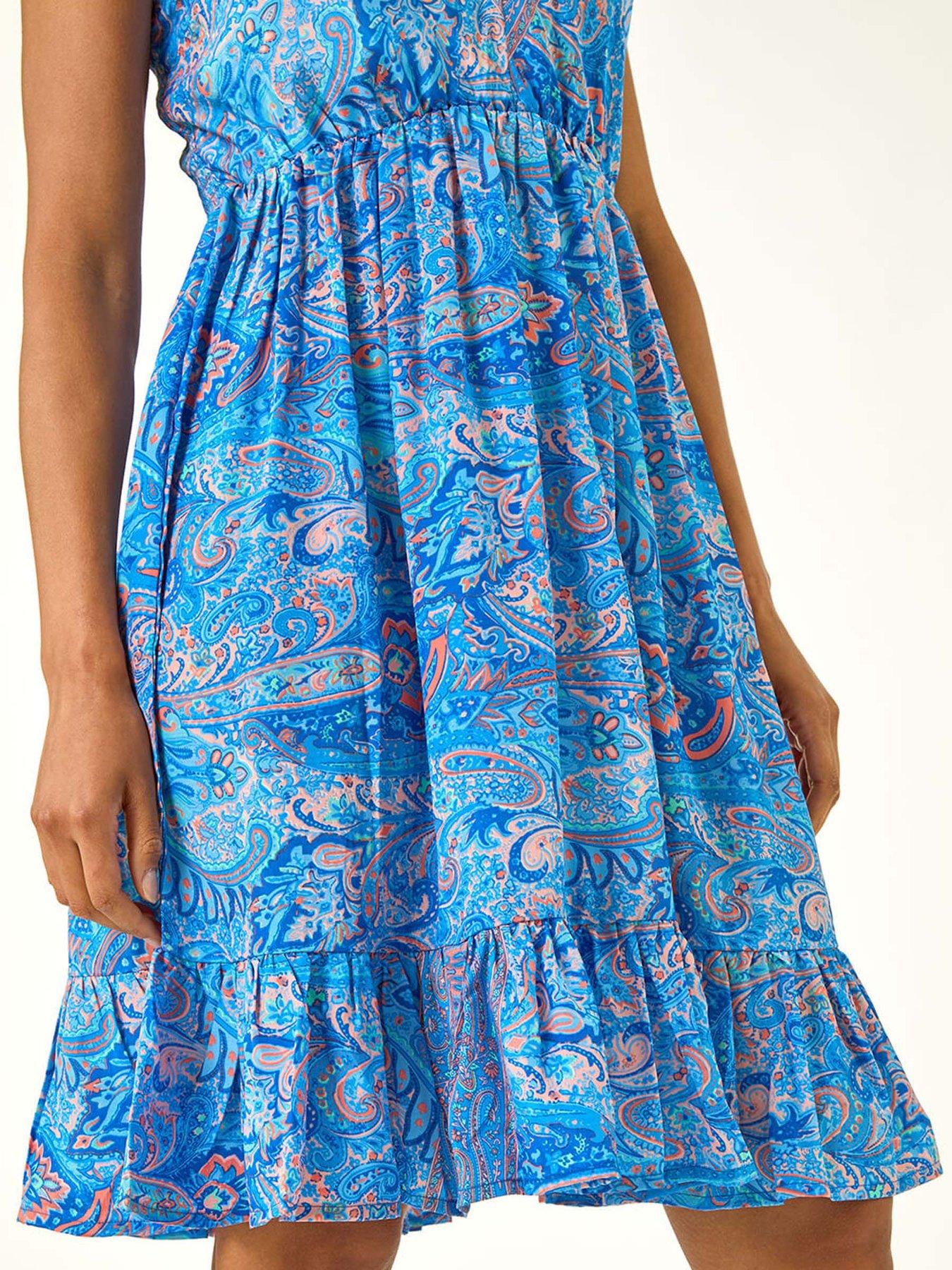 Image 5 of 5 of Roman Paisley Print Strap Frill Dress - Blue
