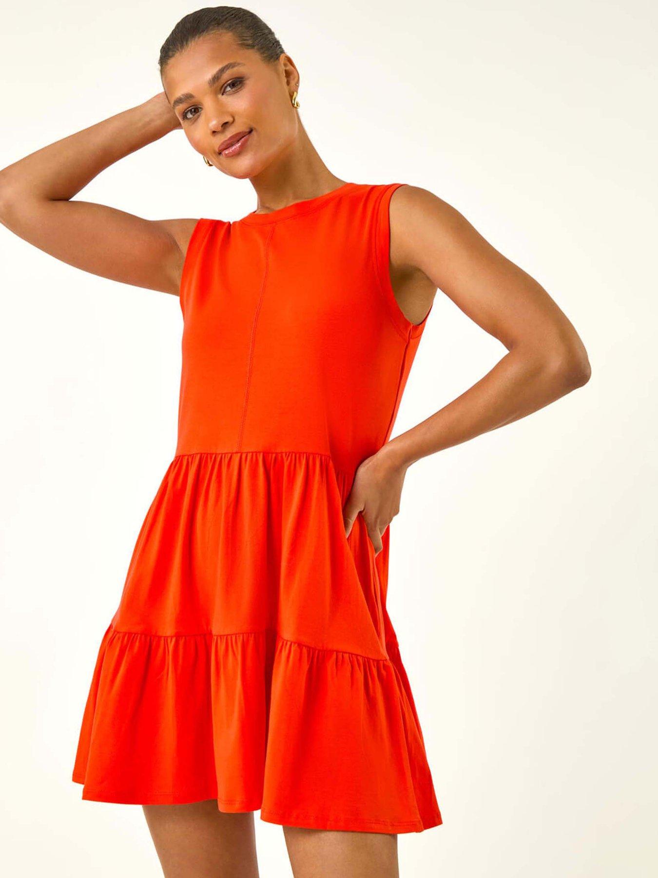 undefined Cotton Tiered Stretch Dress - Orange