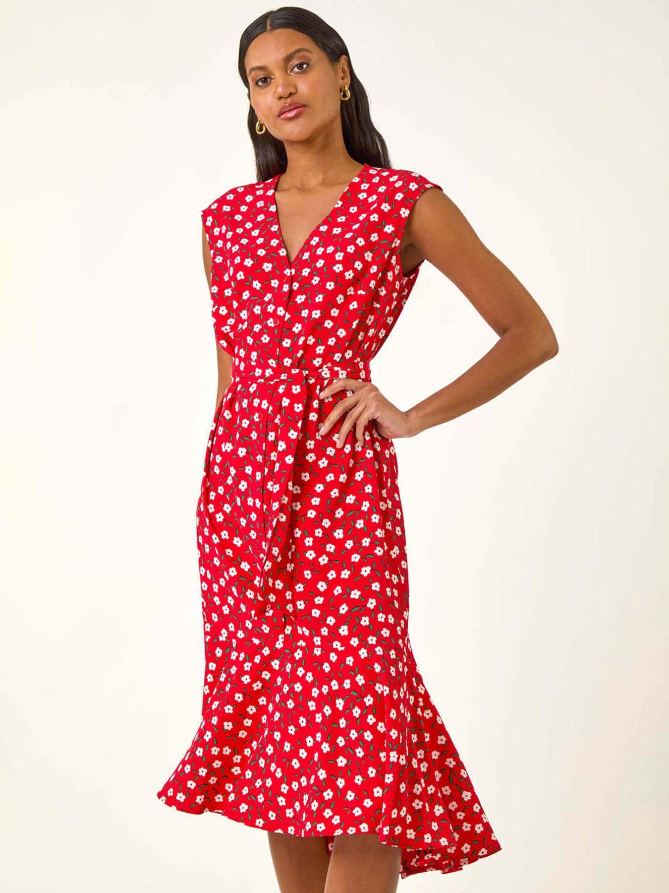 undefined Floral Frill Buttoned Dress - Red