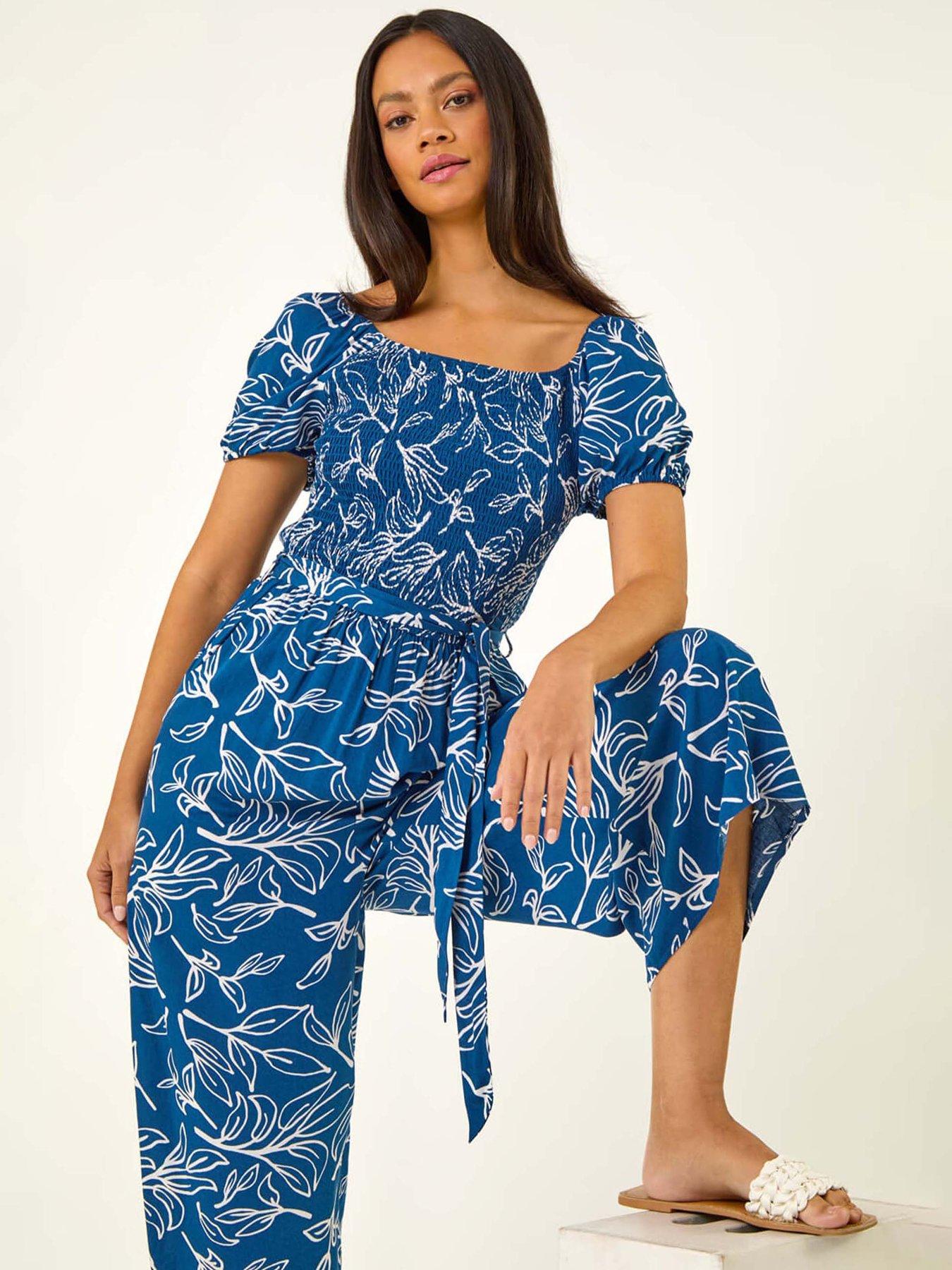 undefined Dusk Leaf Print Wide Leg Jumpsuit - Blue