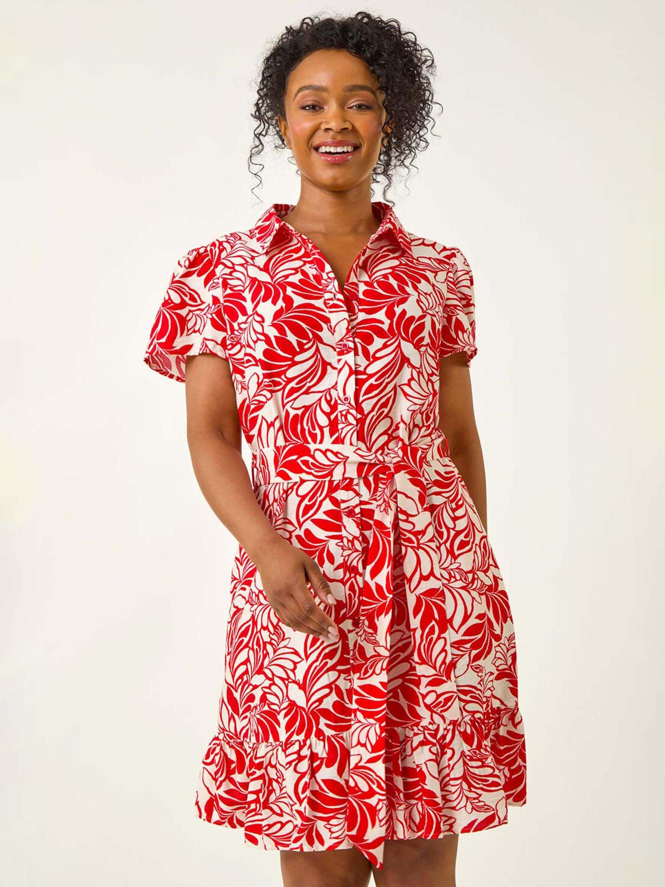 undefined Petite Leaf Print Shirt Dress - Red