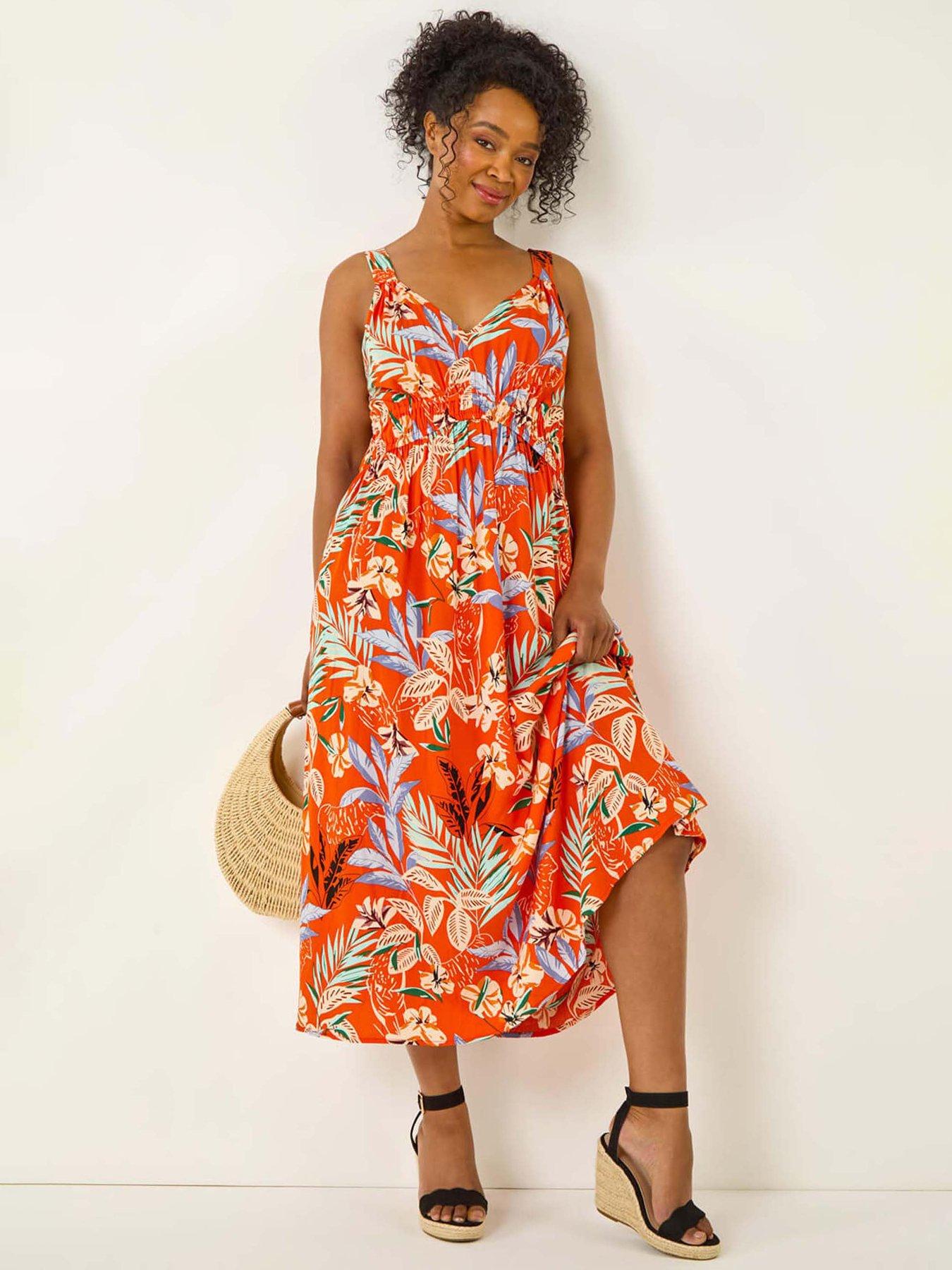 Roman Petite Leaf Print Strappy Maxi Dress - Orange