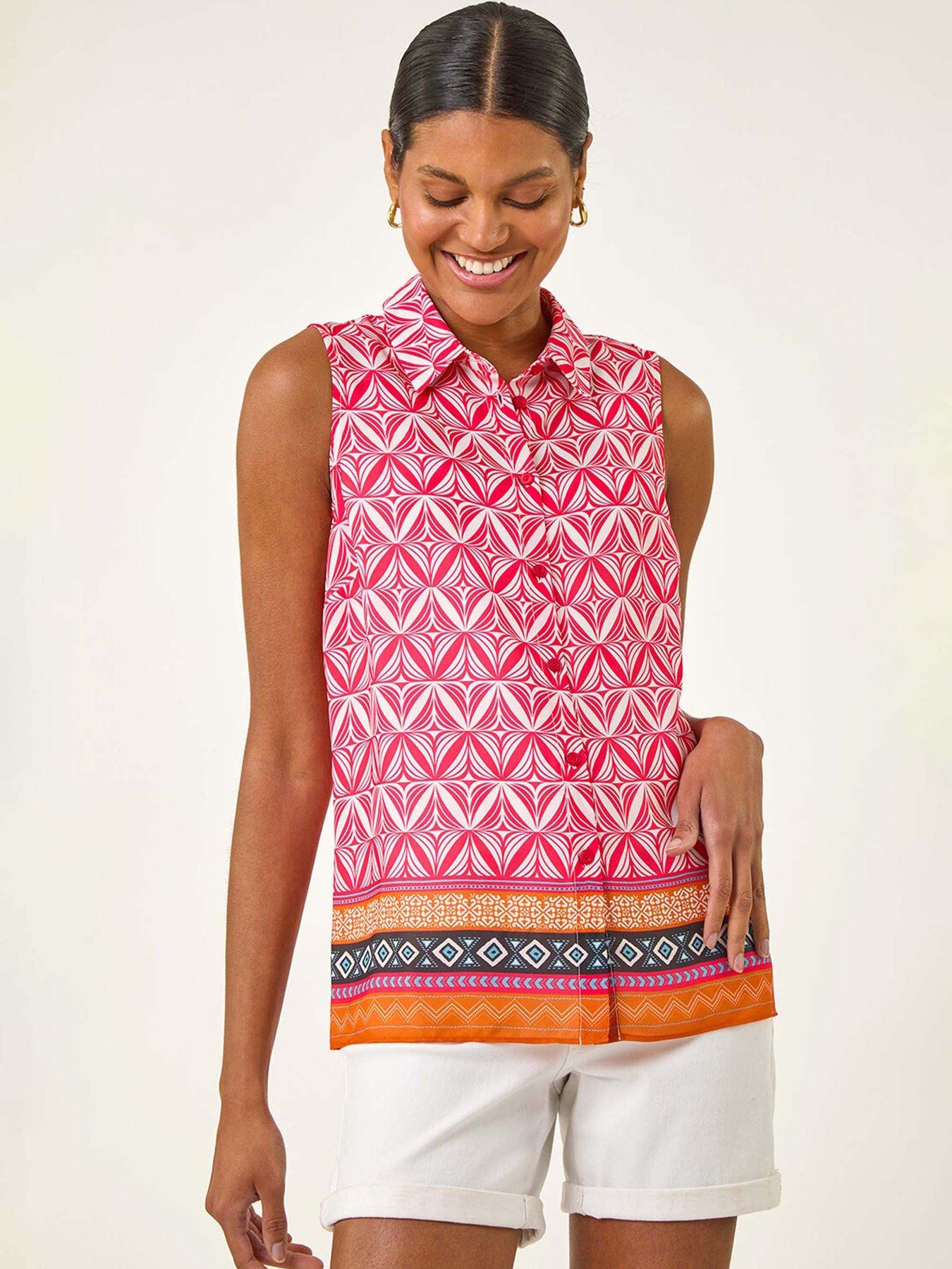 undefined Geo Border Print Button Blouse - Red
