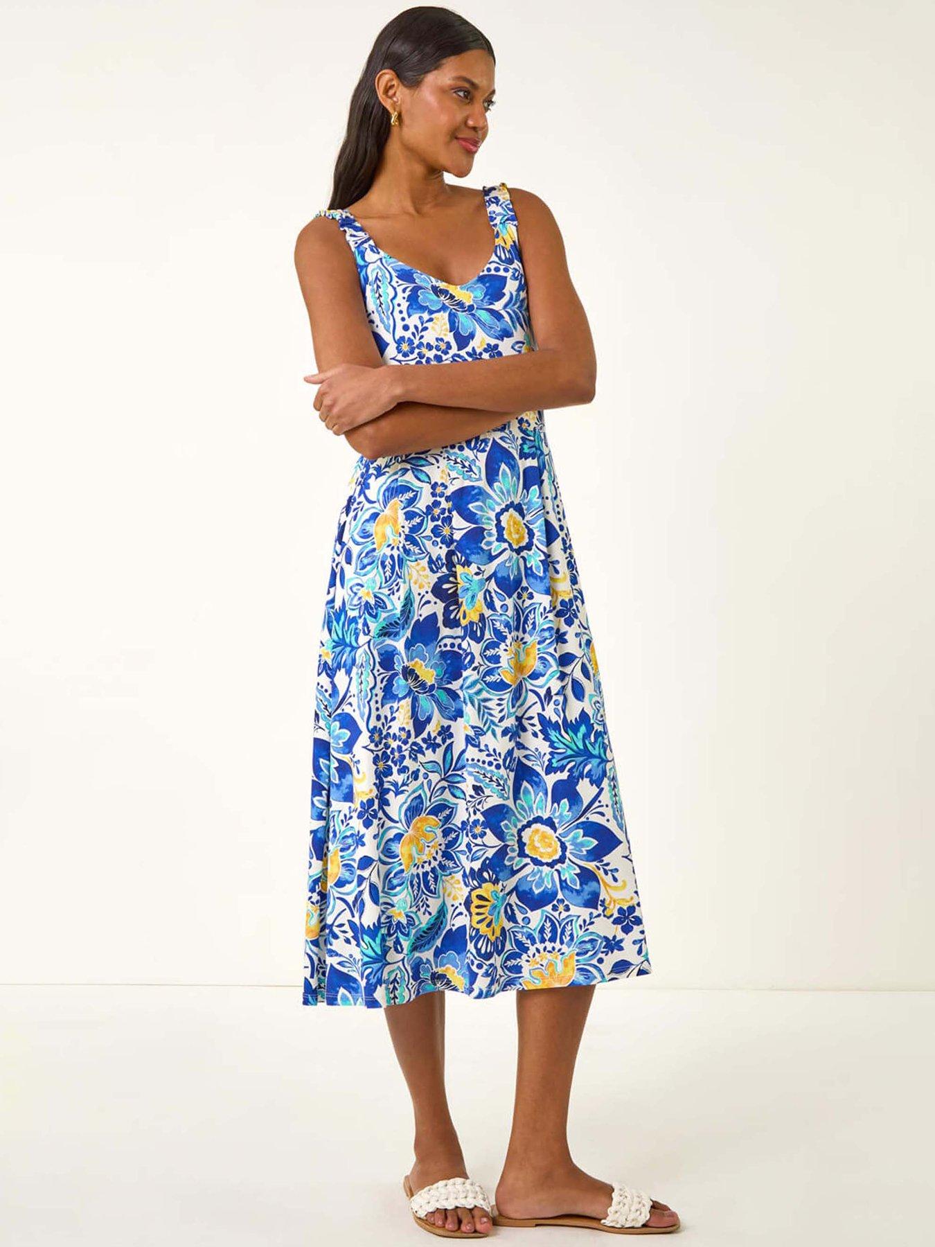 Roman Floral Print Strap Detail Midi Dress - Blue