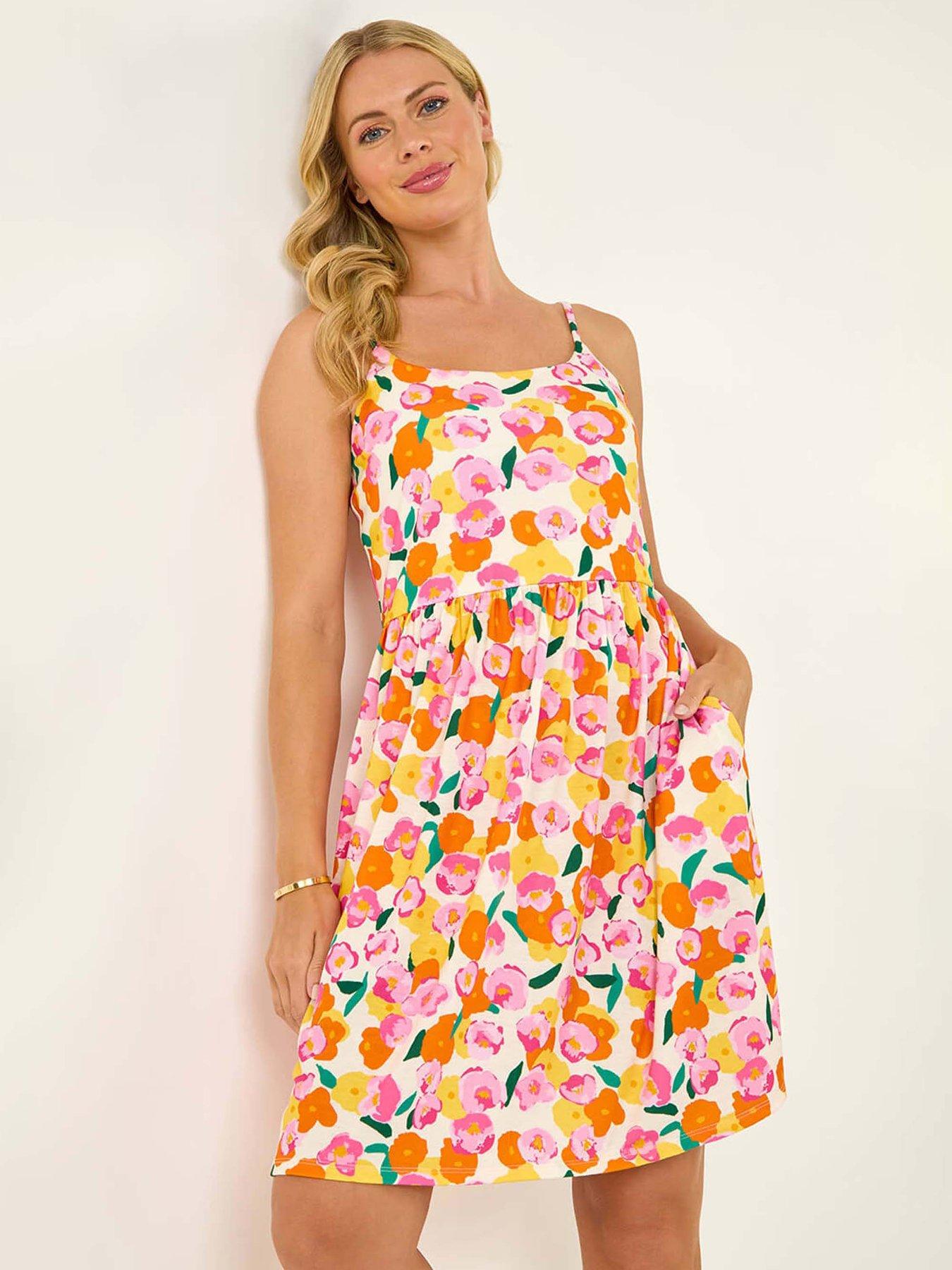 undefined Petite Floral Print Strappy Stretch Dress - Orange